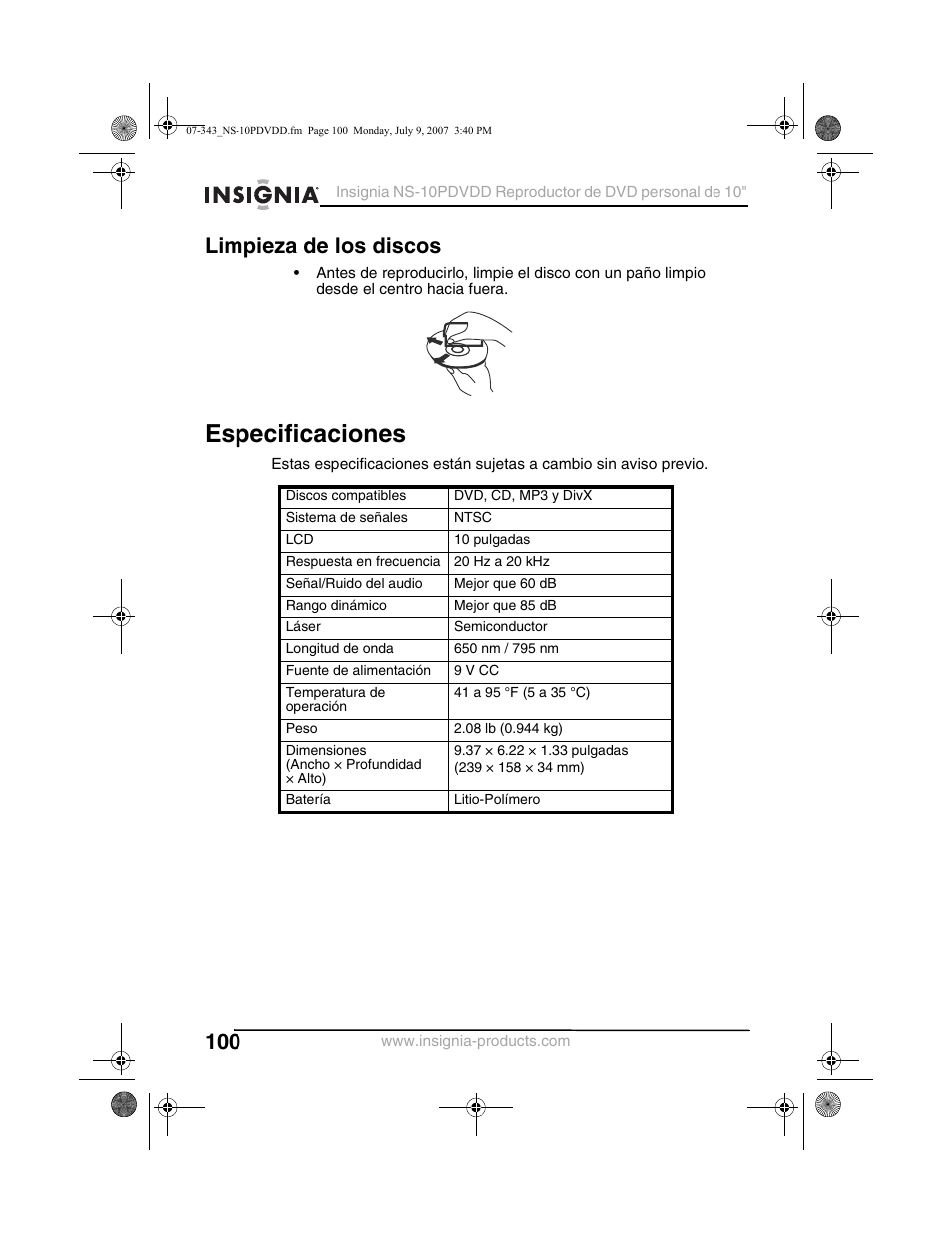 Especificaciones, Limpieza de los discos | Insignia NS-10PDVDD User Manual | Page 102 / 108