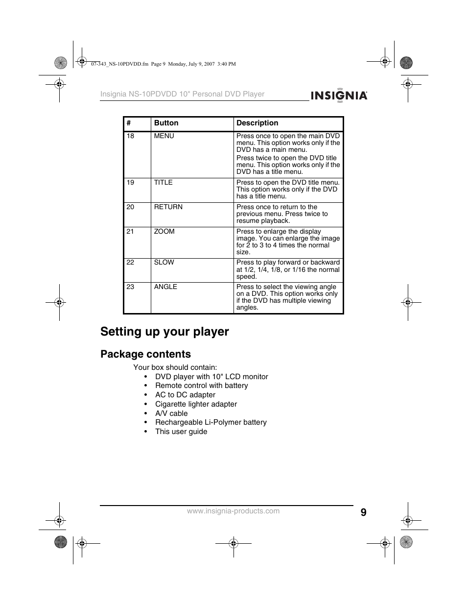 Setting up your player, Package contents | Insignia NS-10PDVDD User Manual | Page 11 / 108