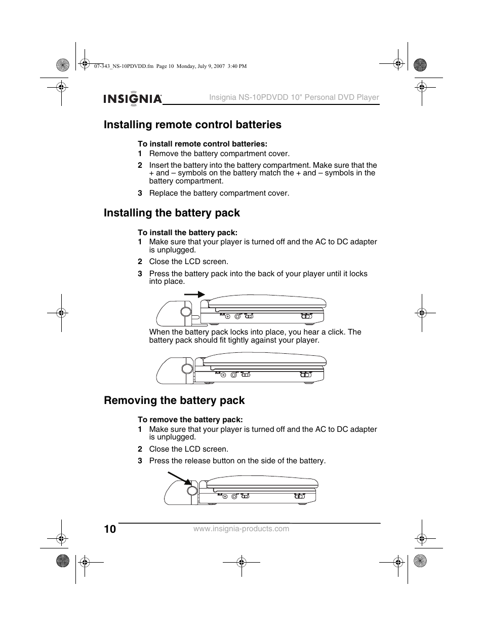 Installing remote control batteries, Installing the battery pack, Removing the battery pack | Insignia NS-10PDVDD User Manual | Page 12 / 108