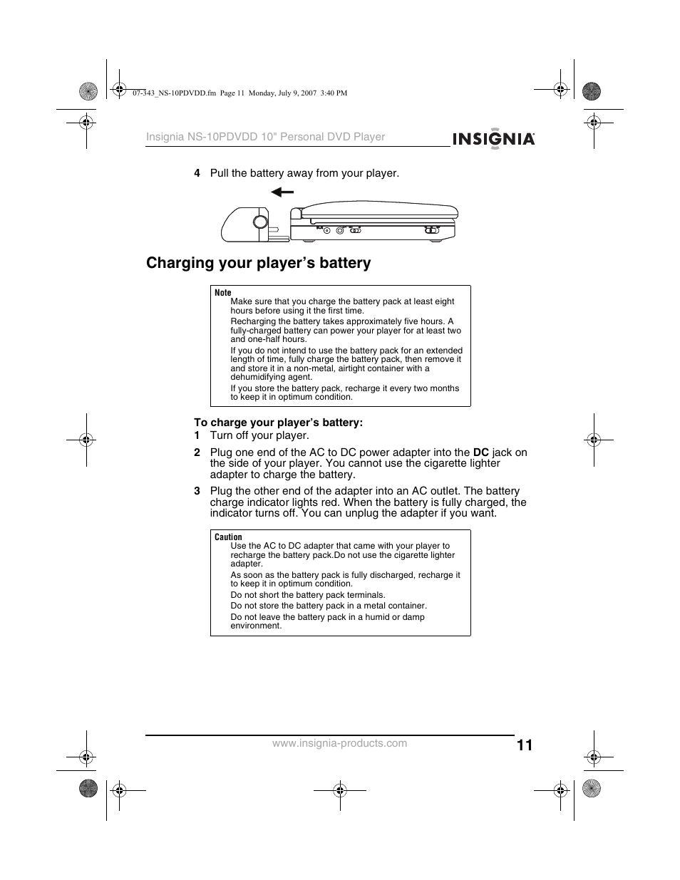 Charging your player’s battery | Insignia NS-10PDVDD User Manual | Page 13 / 108