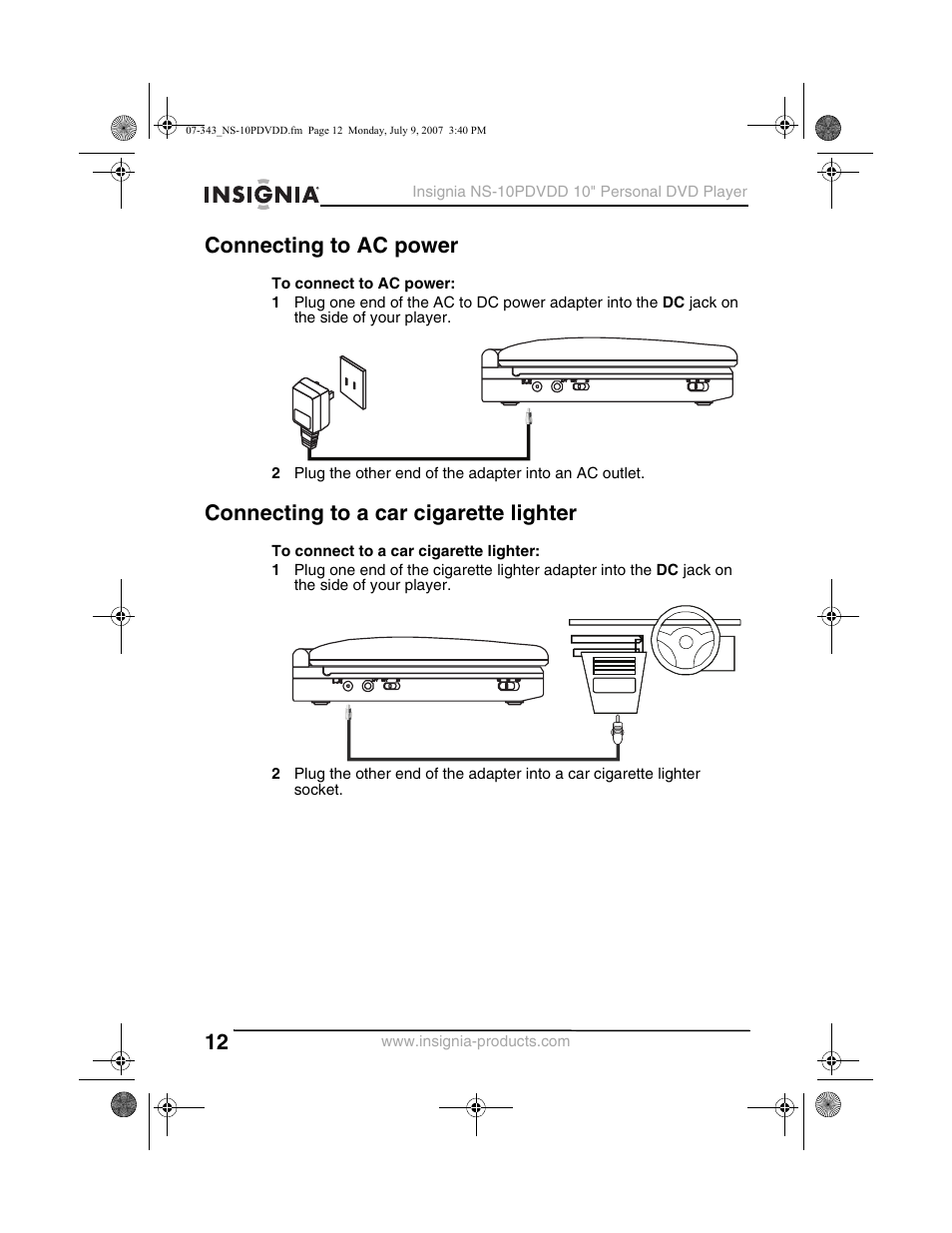 Connecting to ac power, Connecting to a car cigarette lighter | Insignia NS-10PDVDD User Manual | Page 14 / 108
