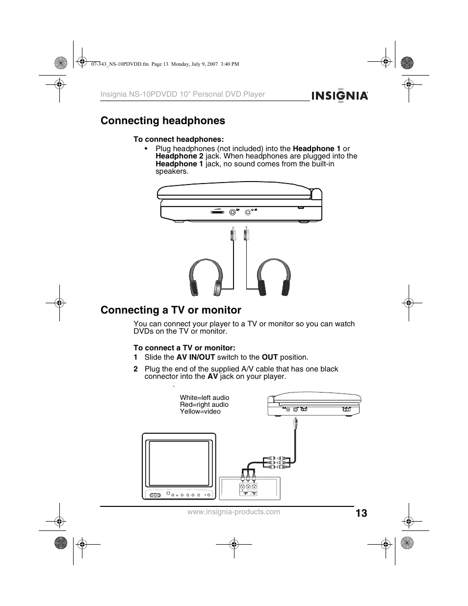 Connecting headphones, Connecting a tv or monitor | Insignia NS-10PDVDD User Manual | Page 15 / 108