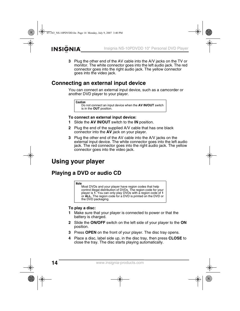 Using your player, Connecting an external input device, Playing a dvd or audio cd | Insignia NS-10PDVDD User Manual | Page 16 / 108