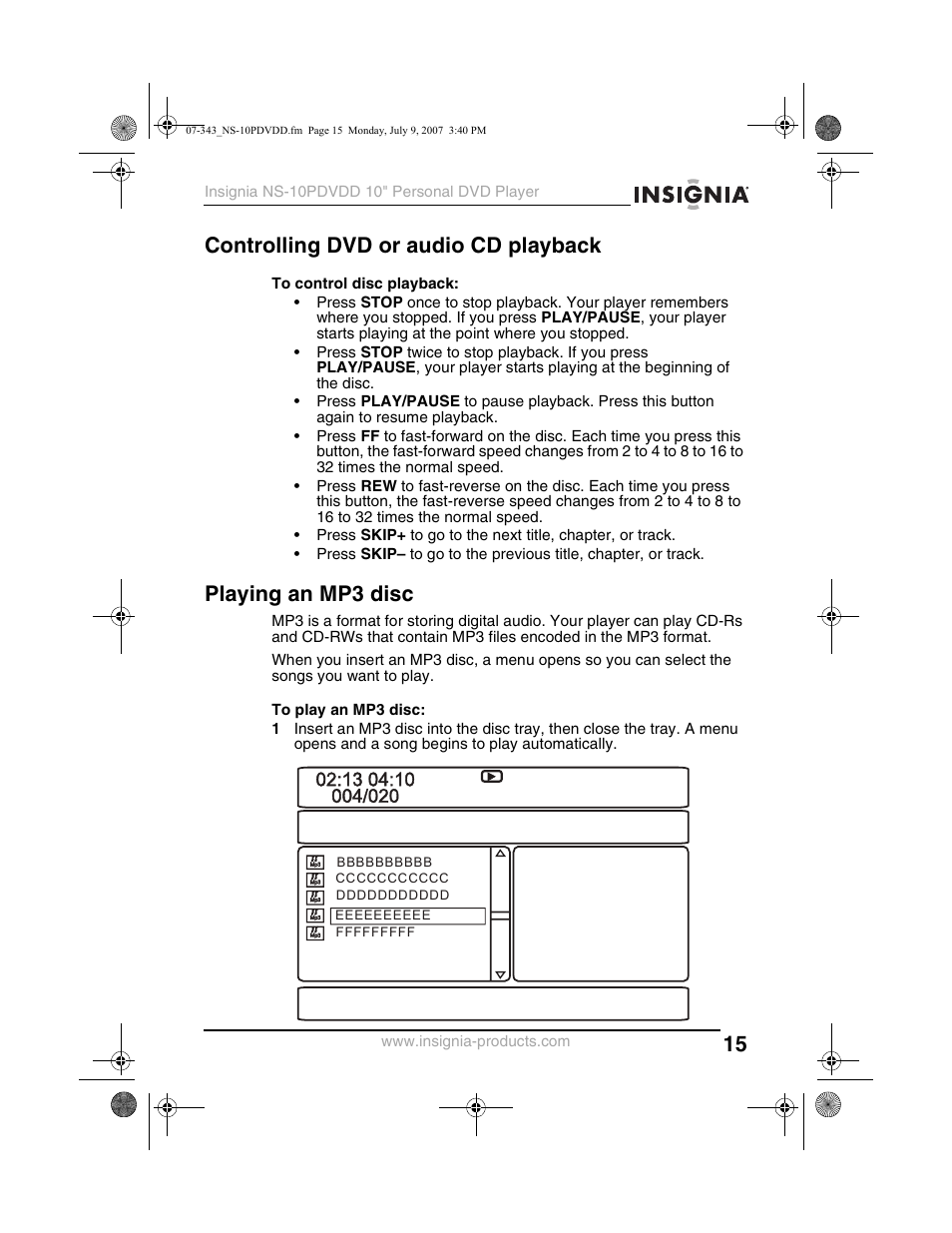 Controlling dvd or audio cd playback, Playing an mp3 disc | Insignia NS-10PDVDD User Manual | Page 17 / 108