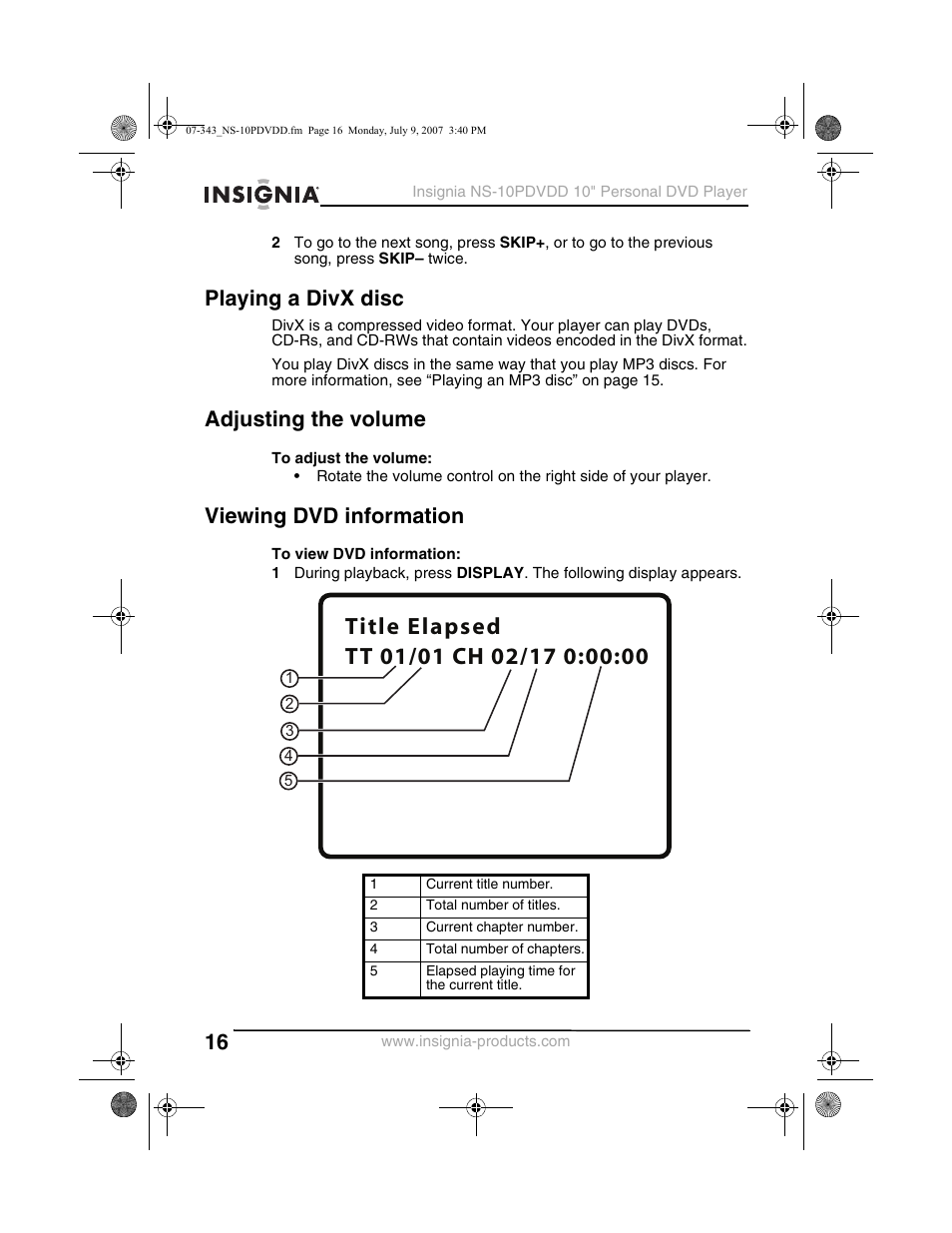 Playing a divx disc, Adjusting the volume, Viewing dvd information | Insignia NS-10PDVDD User Manual | Page 18 / 108
