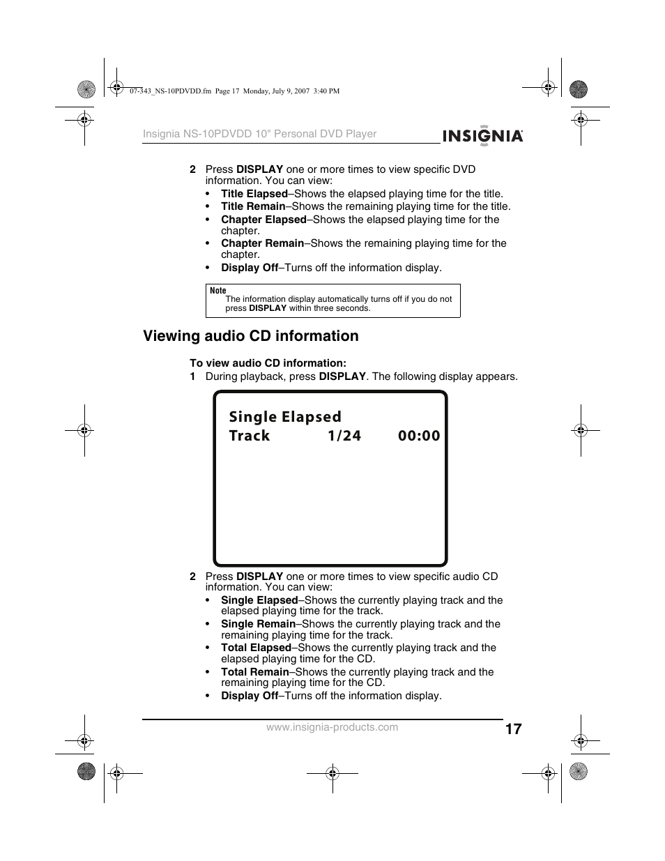 Viewing audio cd information | Insignia NS-10PDVDD User Manual | Page 19 / 108