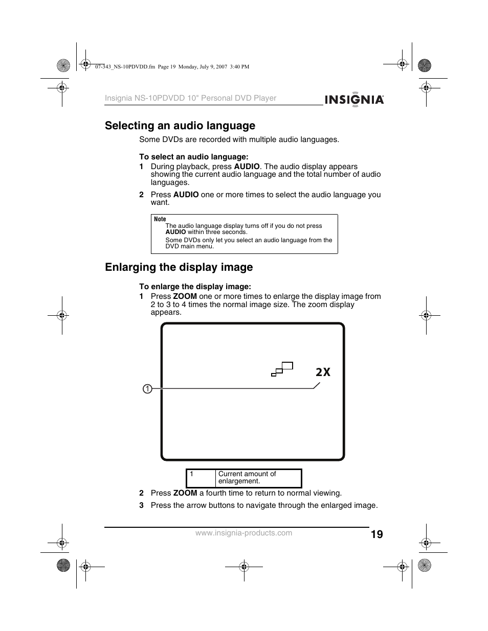 Selecting an audio language, Enlarging the display image | Insignia NS-10PDVDD User Manual | Page 21 / 108