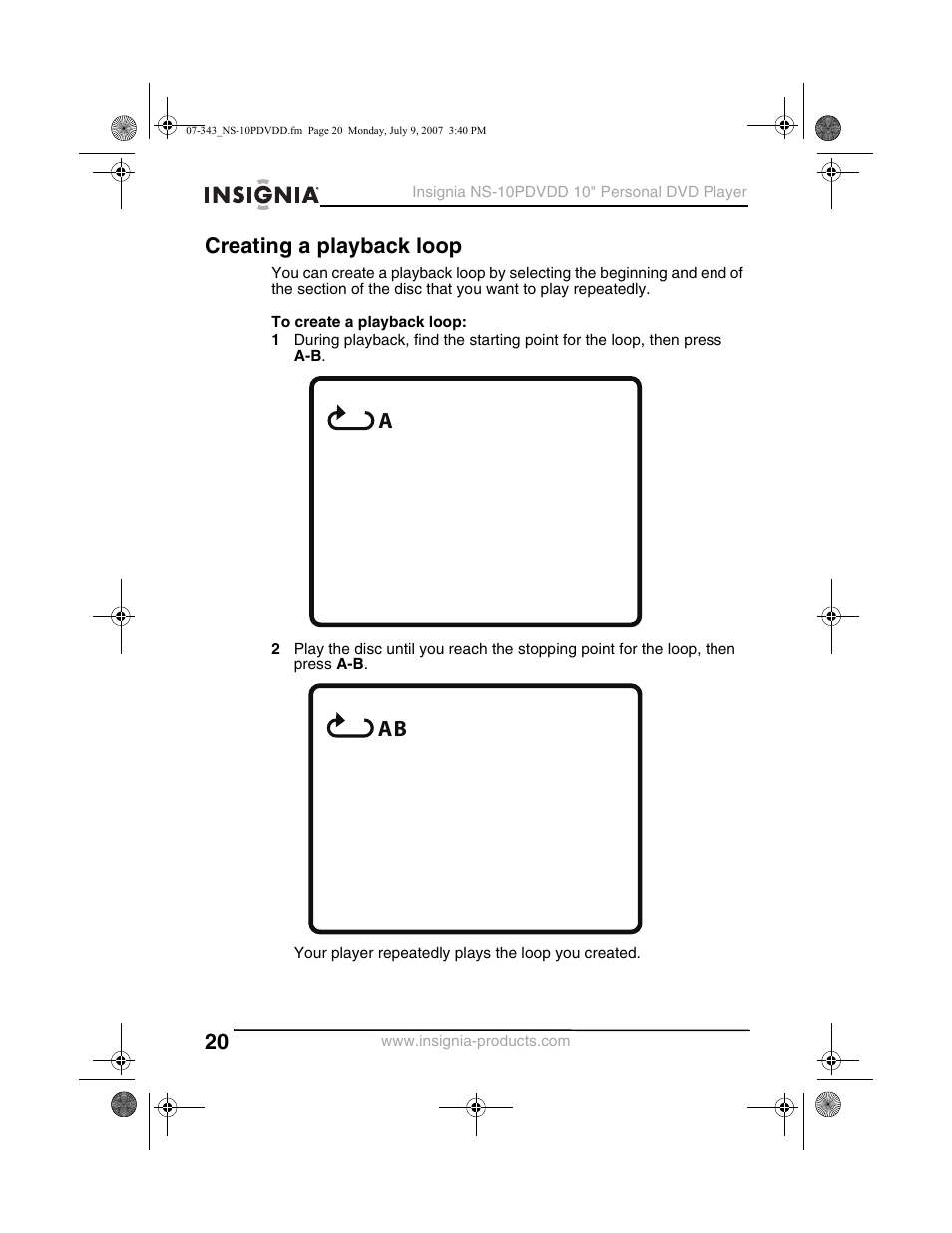 Creating a playback loop | Insignia NS-10PDVDD User Manual | Page 22 / 108