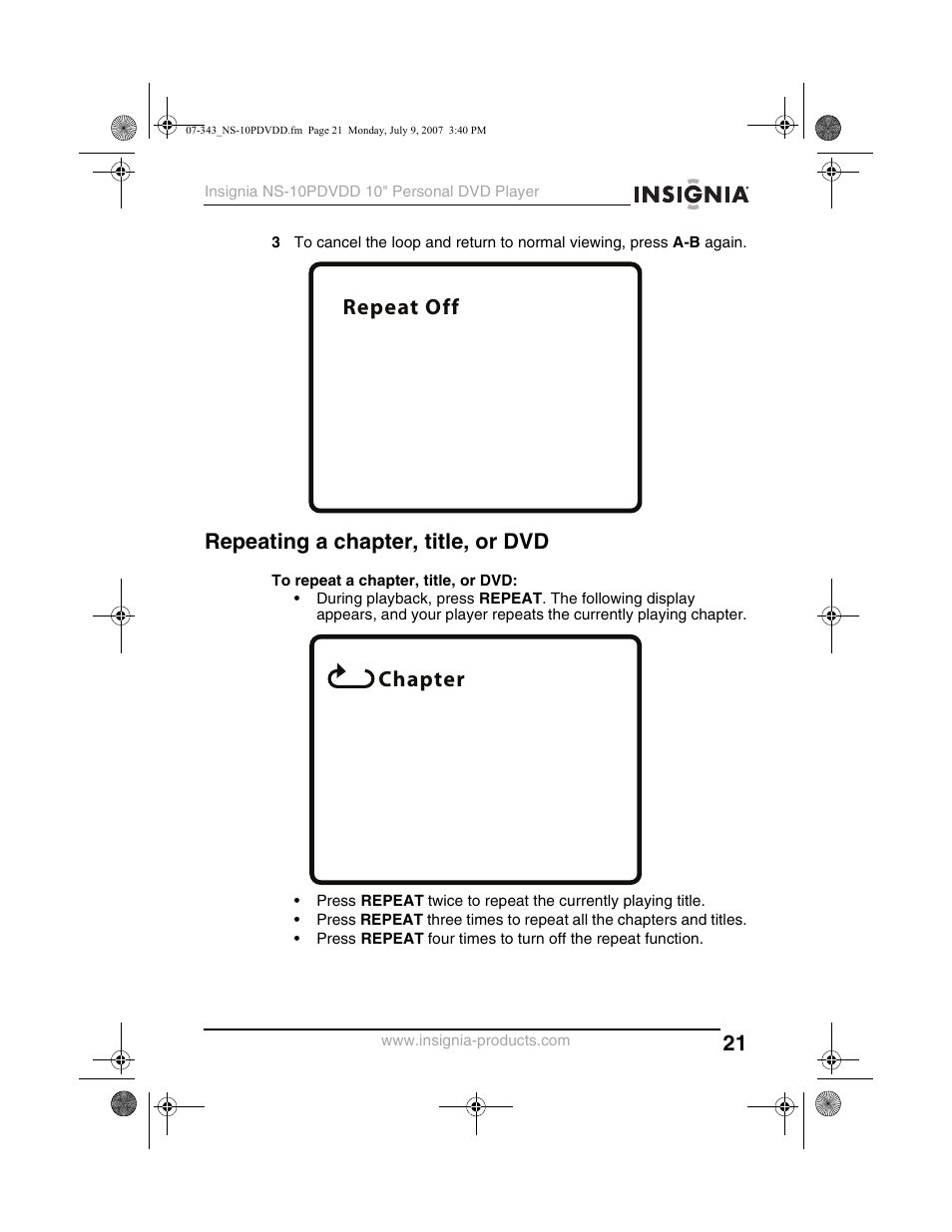 Repeat off chapter, Repeating a chapter, title, or dvd | Insignia NS-10PDVDD User Manual | Page 23 / 108