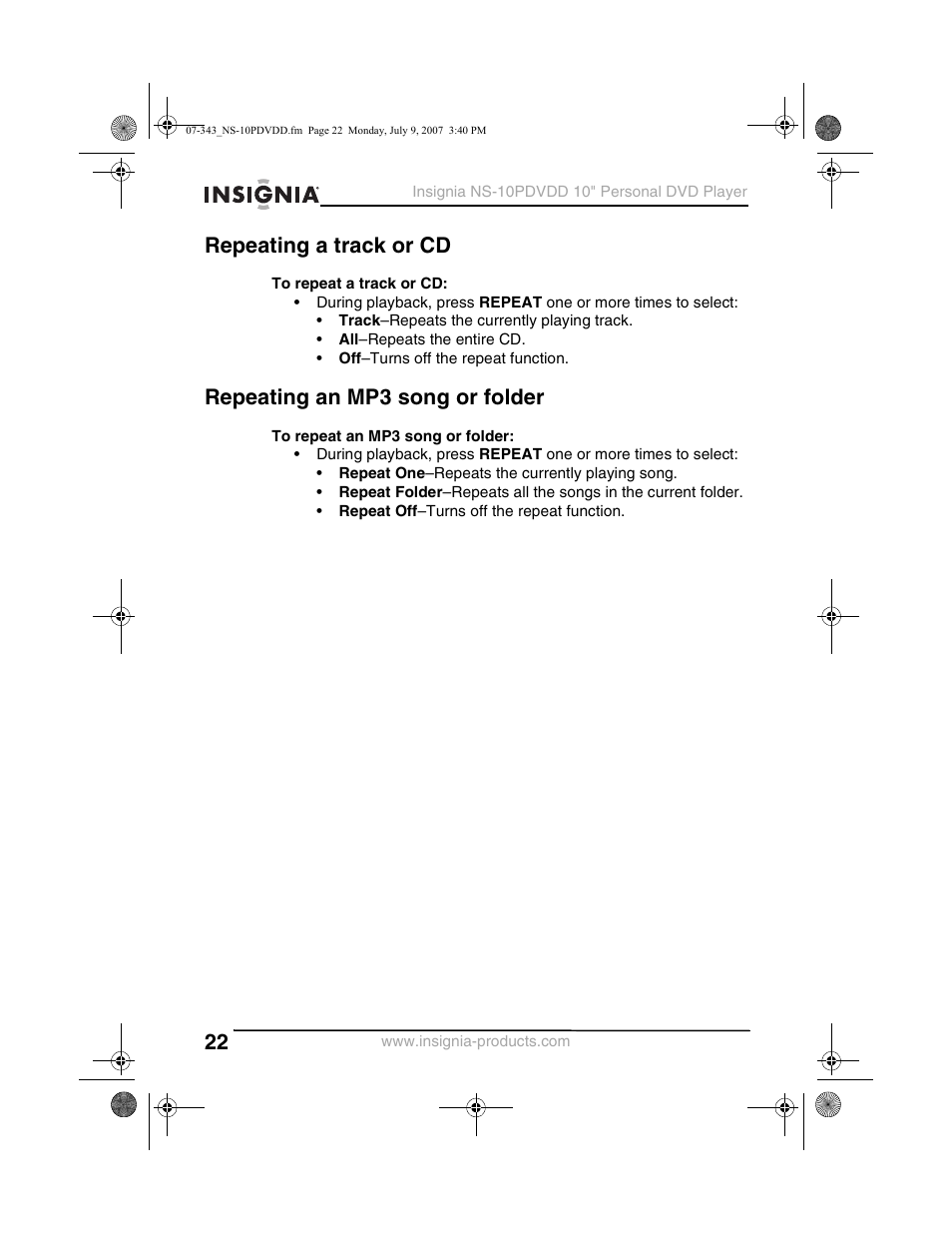 Repeating a track or cd, Repeating an mp3 song or folder | Insignia NS-10PDVDD User Manual | Page 24 / 108