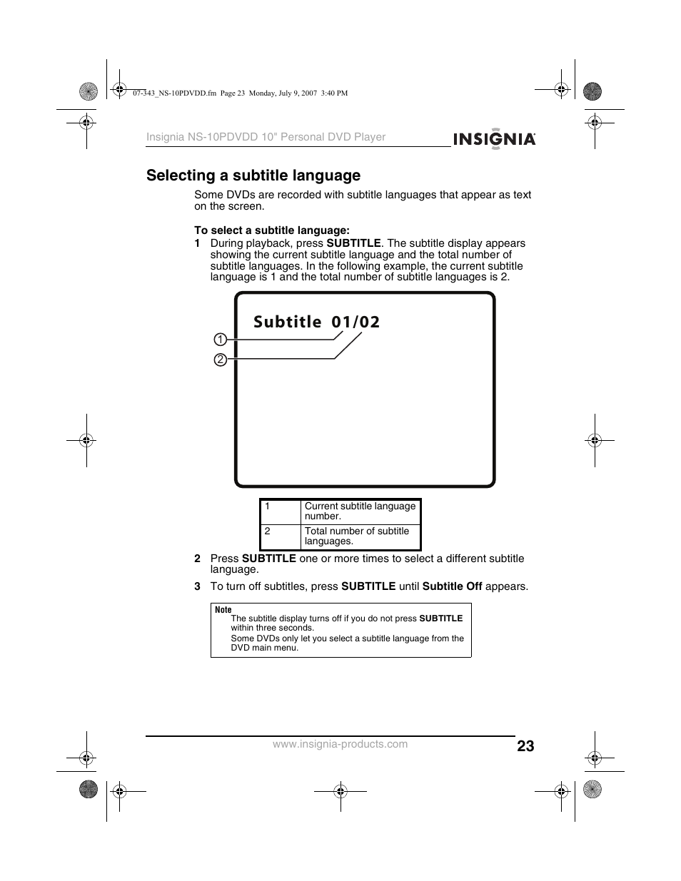 Subtitle 01/02, Selecting a subtitle language | Insignia NS-10PDVDD User Manual | Page 25 / 108