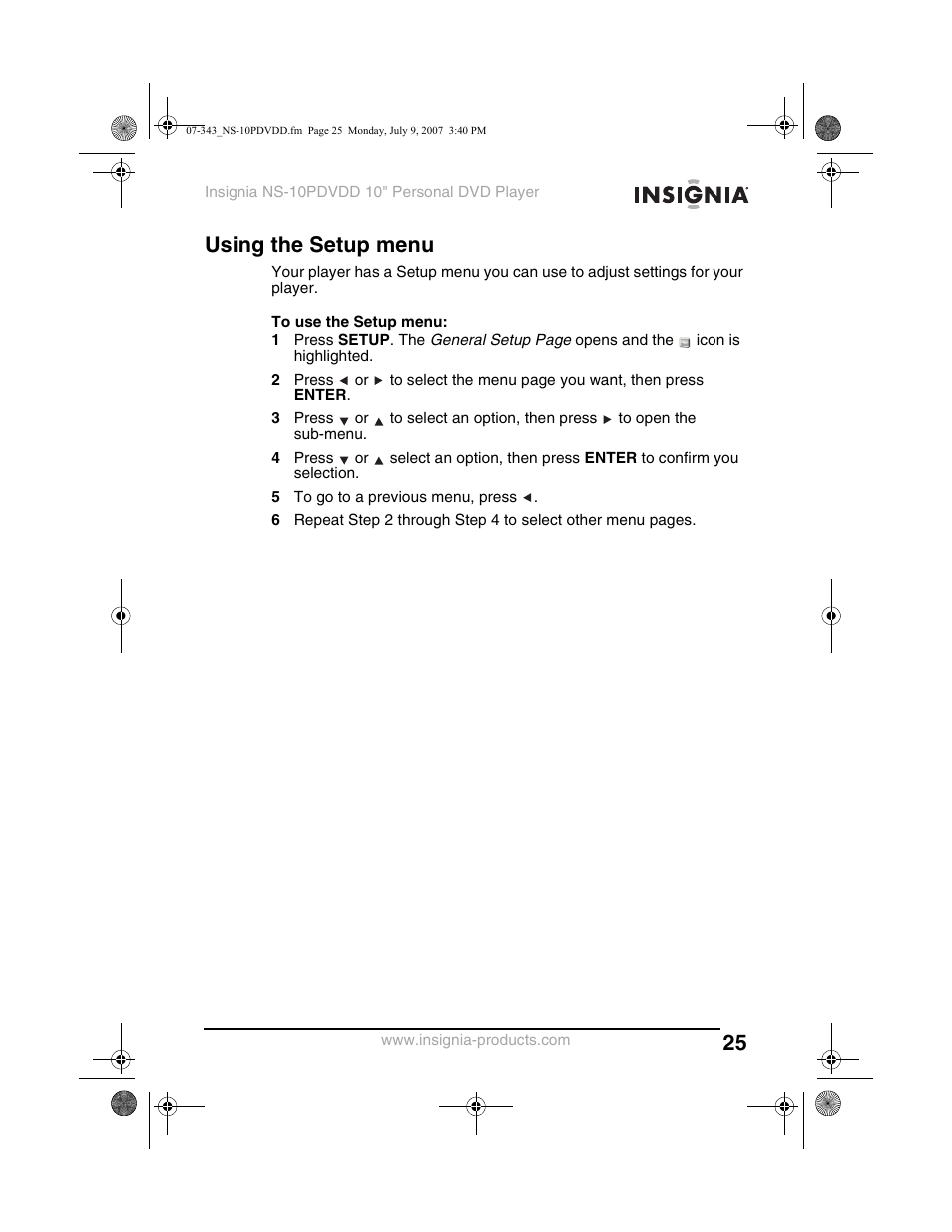 Using the setup menu | Insignia NS-10PDVDD User Manual | Page 27 / 108