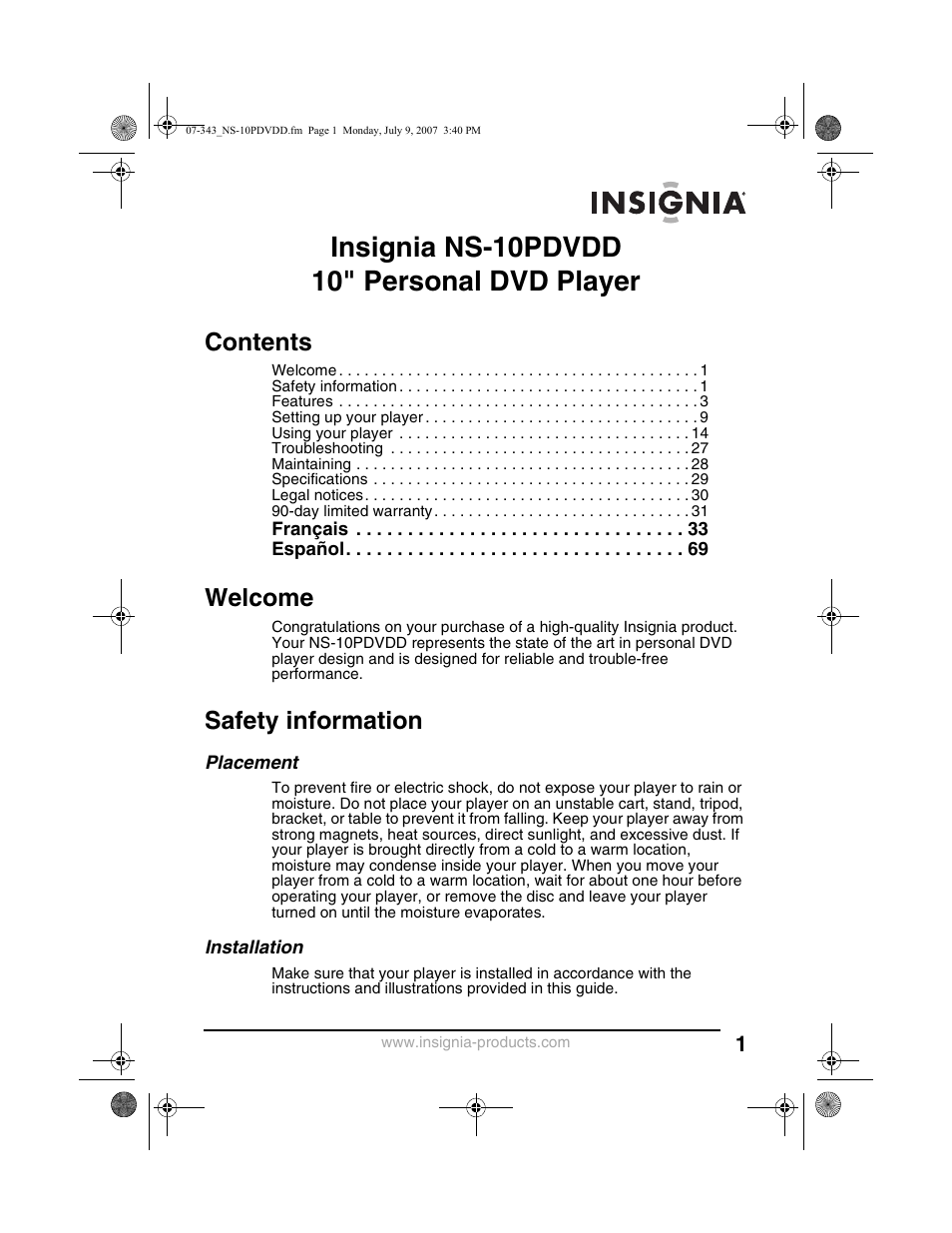 Insignia NS-10PDVDD User Manual | Page 3 / 108