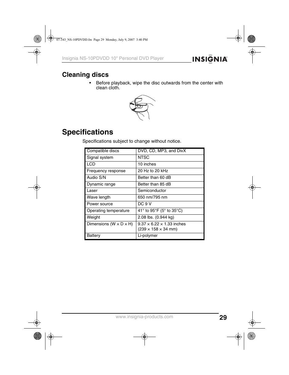 Specifications, Cleaning discs | Insignia NS-10PDVDD User Manual | Page 31 / 108