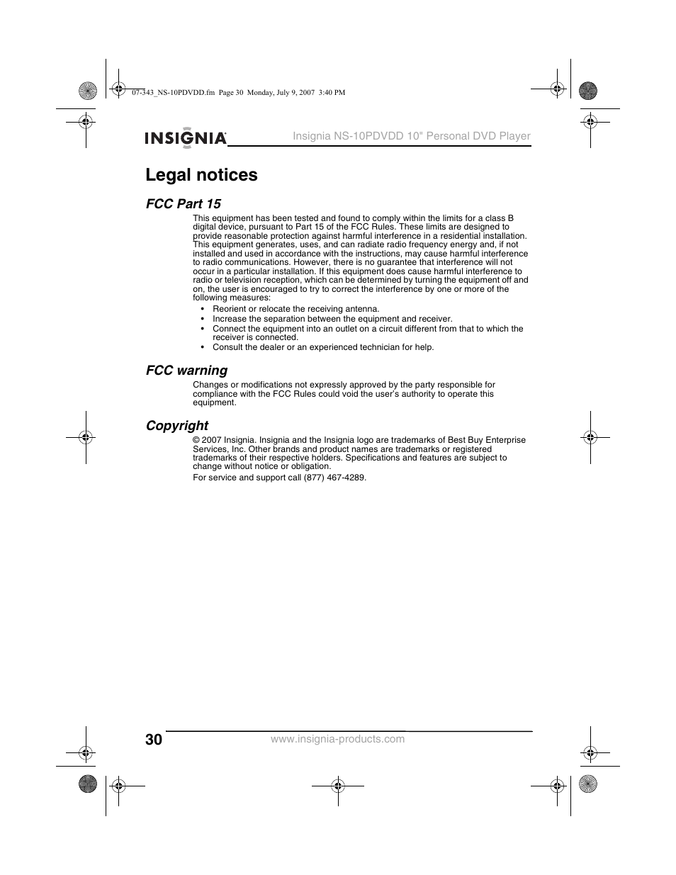 Legal notices, Fcc part 15, Fcc warning | Copyright | Insignia NS-10PDVDD User Manual | Page 32 / 108