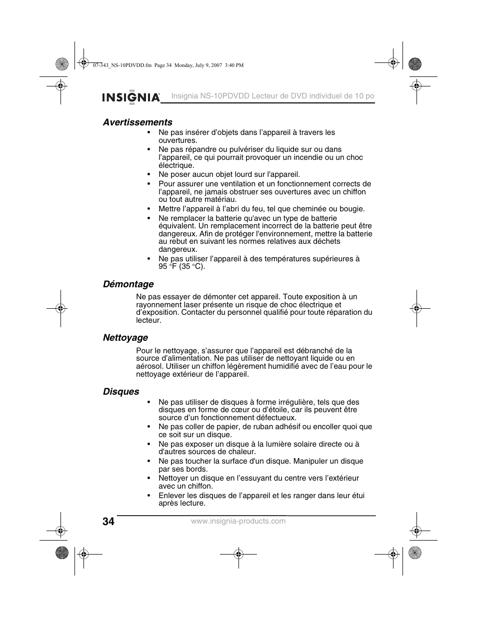 Avertissements, Démontage, Nettoyage | Disques | Insignia NS-10PDVDD User Manual | Page 36 / 108