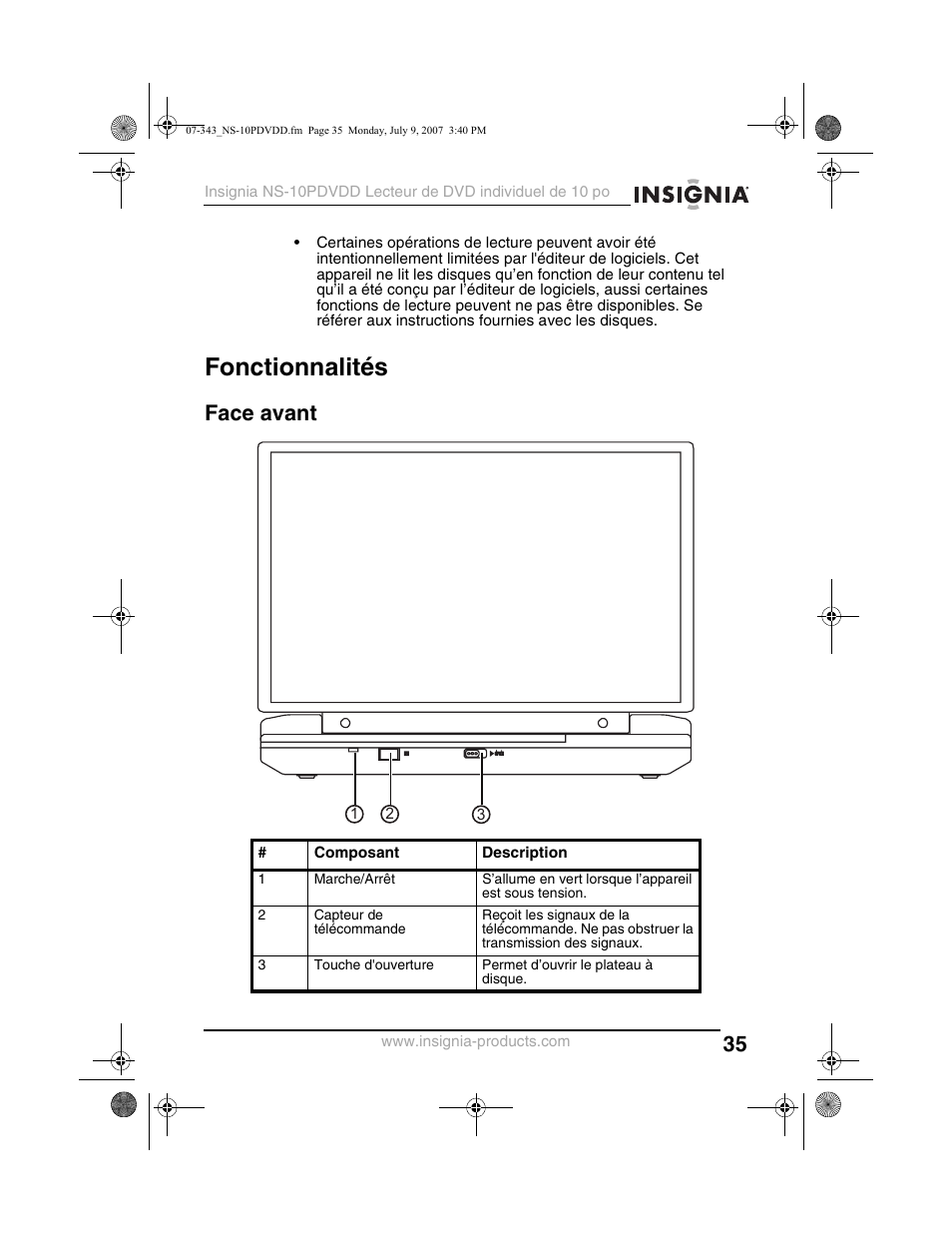 Fonctionnalités, Face avant | Insignia NS-10PDVDD User Manual | Page 37 / 108