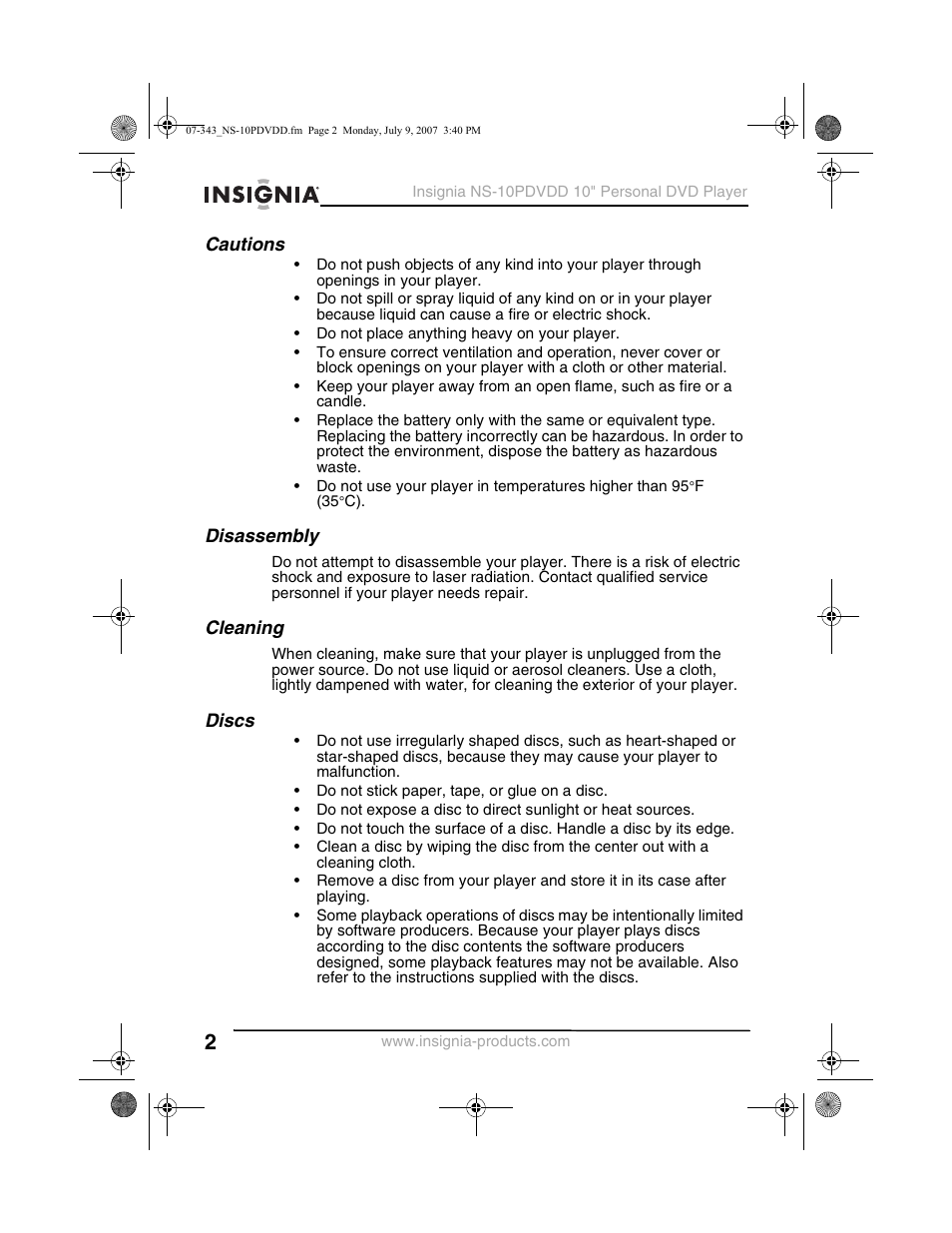 Cautions, Disassembly, Cleaning | Discs | Insignia NS-10PDVDD User Manual | Page 4 / 108