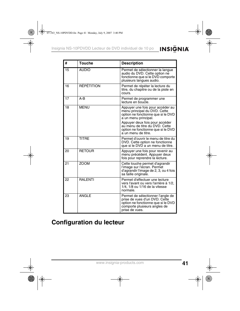 Configuration du lecteur | Insignia NS-10PDVDD User Manual | Page 43 / 108