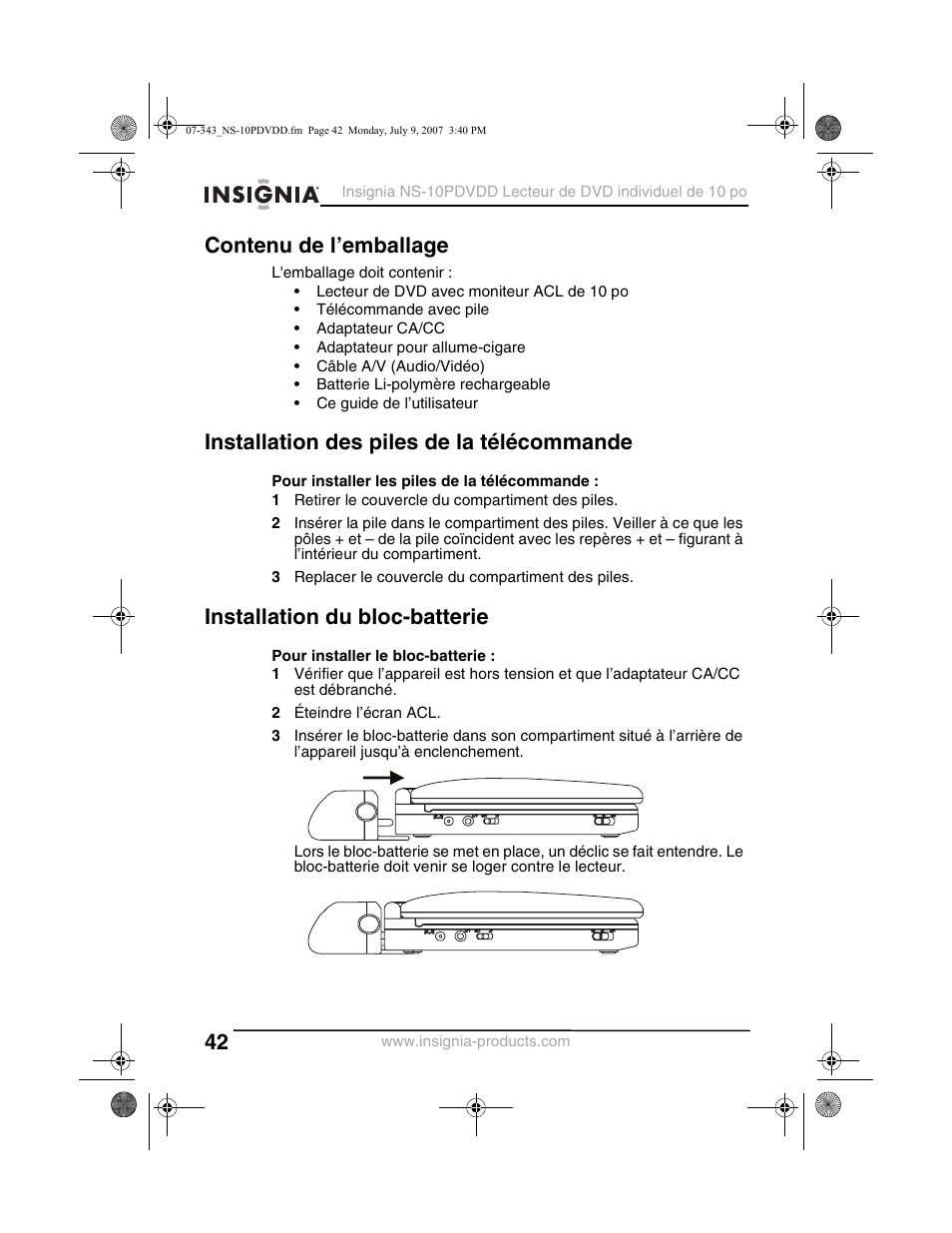 Contenu de l’emballage, Installation des piles de la télécommande, Installation du bloc-batterie | Insignia NS-10PDVDD User Manual | Page 44 / 108