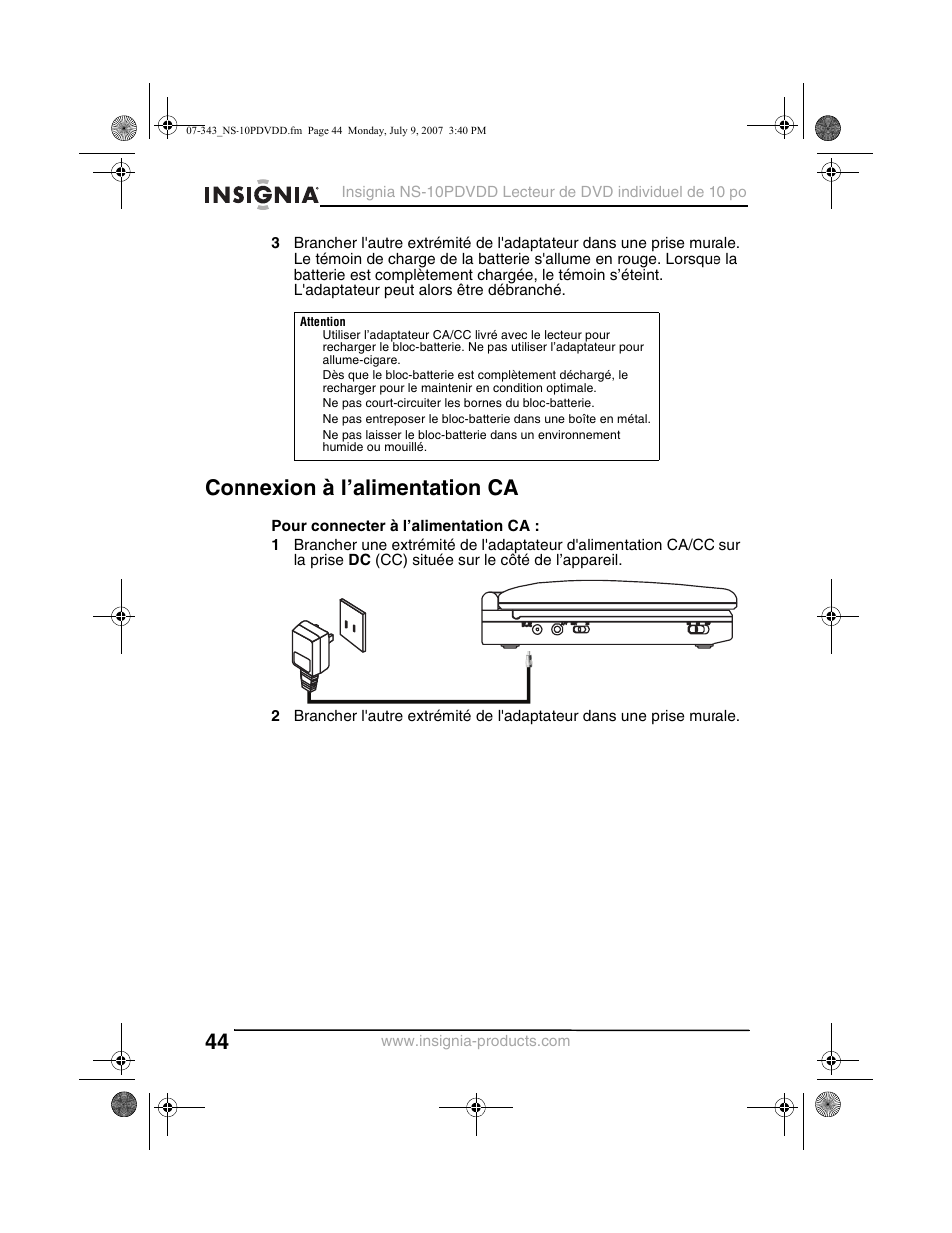 Connexion à l’alimentation ca | Insignia NS-10PDVDD User Manual | Page 46 / 108