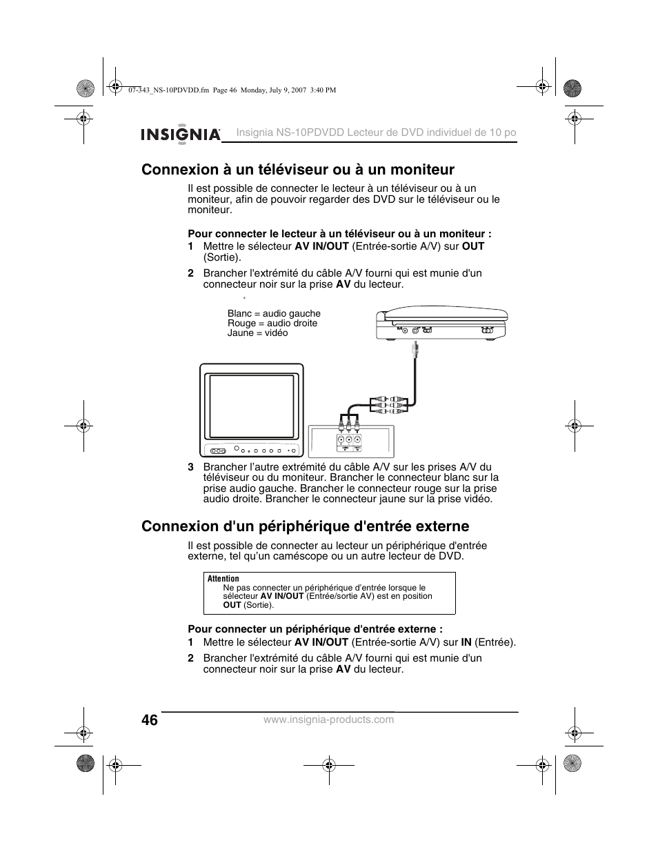 Connexion à un téléviseur ou à un moniteur, Connexion d'un périphérique d'entrée externe | Insignia NS-10PDVDD User Manual | Page 48 / 108