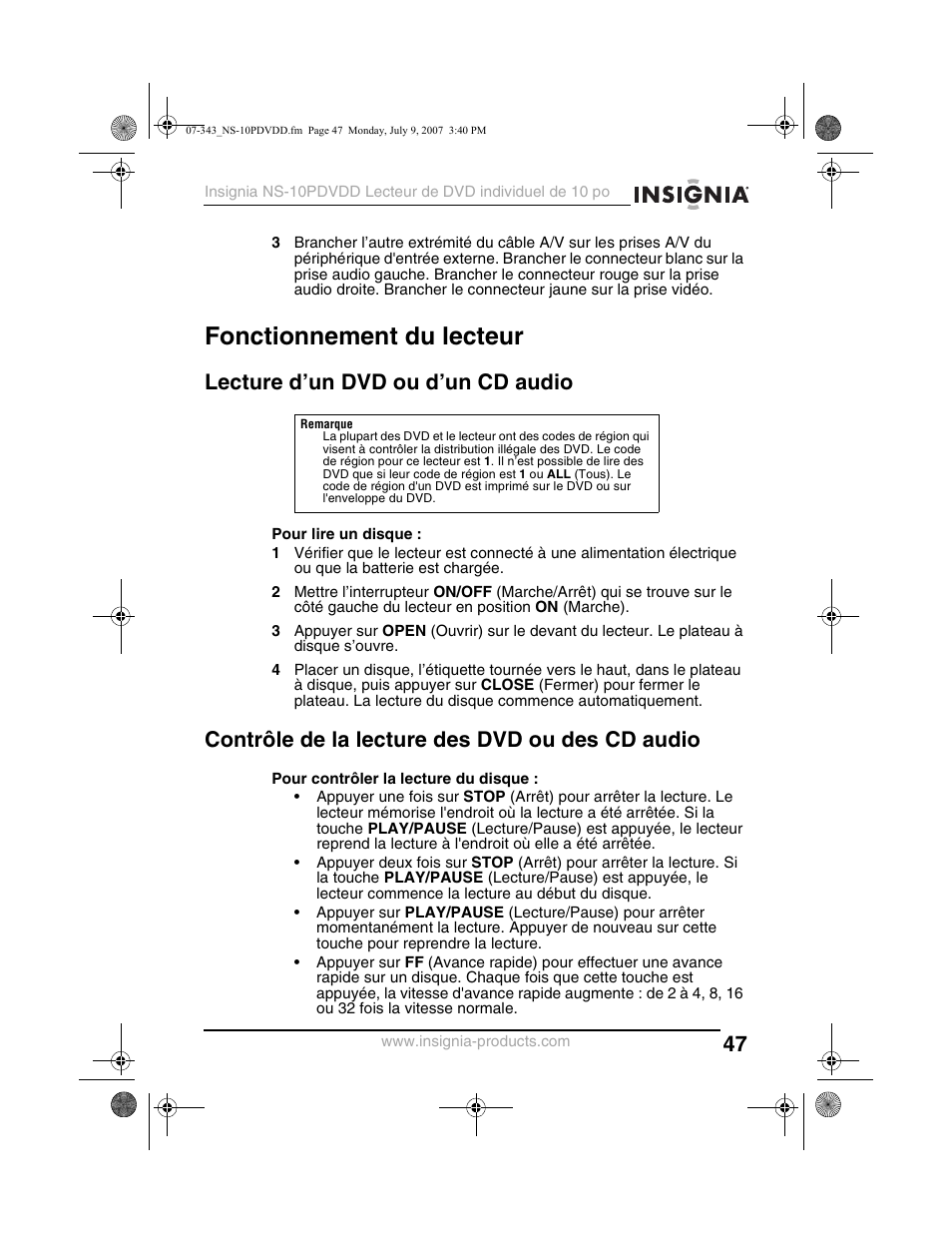 Fonctionnement du lecteur, Lecture d’un dvd ou d’un cd audio, Contrôle de la lecture des dvd ou des cd audio | Insignia NS-10PDVDD User Manual | Page 49 / 108