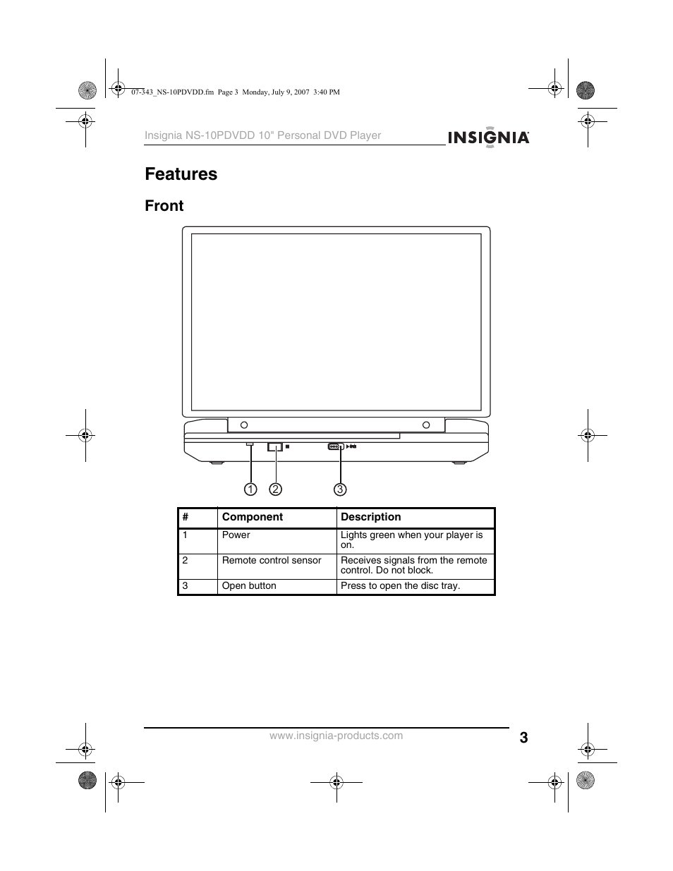 Features, Front | Insignia NS-10PDVDD User Manual | Page 5 / 108