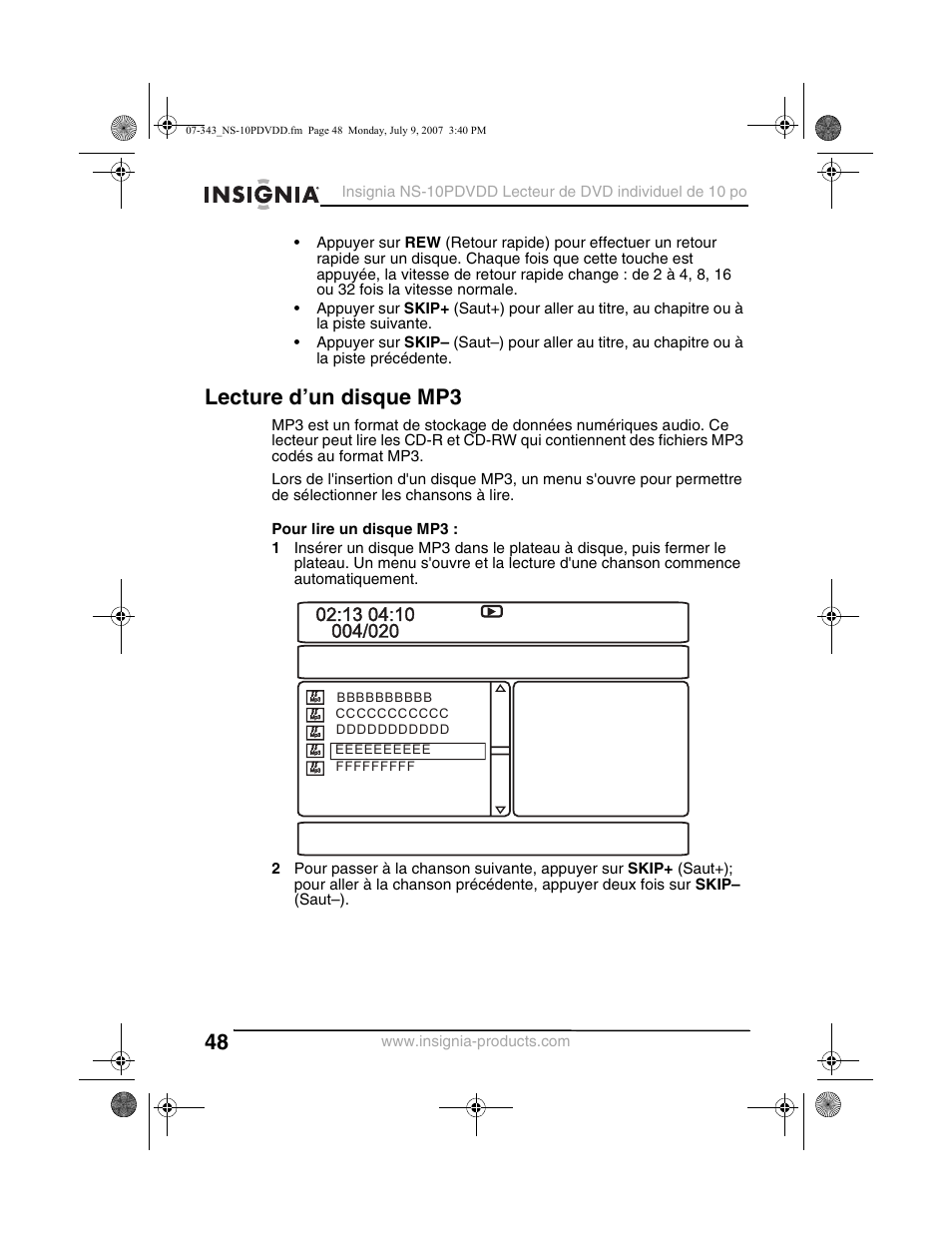 Lecture d’un disque mp3 | Insignia NS-10PDVDD User Manual | Page 50 / 108