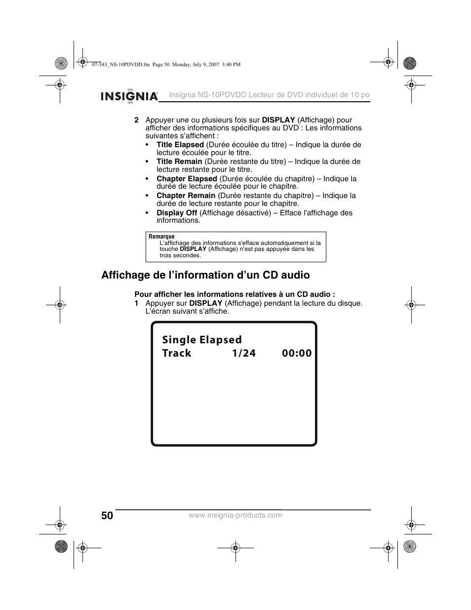 Affichage de l’information d’un cd audio | Insignia NS-10PDVDD User Manual | Page 52 / 108