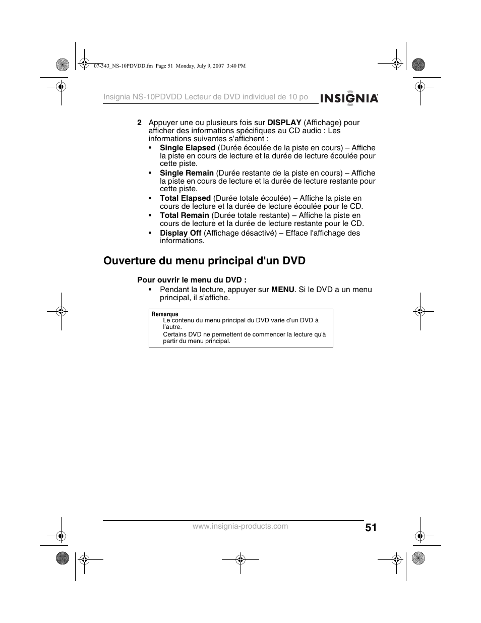 Ouverture du menu principal d'un dvd | Insignia NS-10PDVDD User Manual | Page 53 / 108