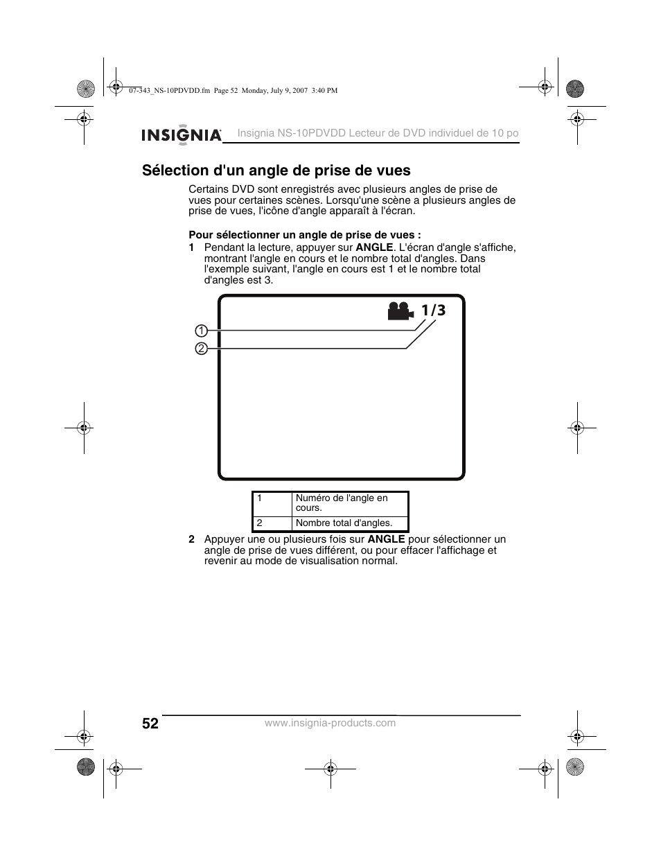 Sélection d'un angle de prise de vues | Insignia NS-10PDVDD User Manual | Page 54 / 108