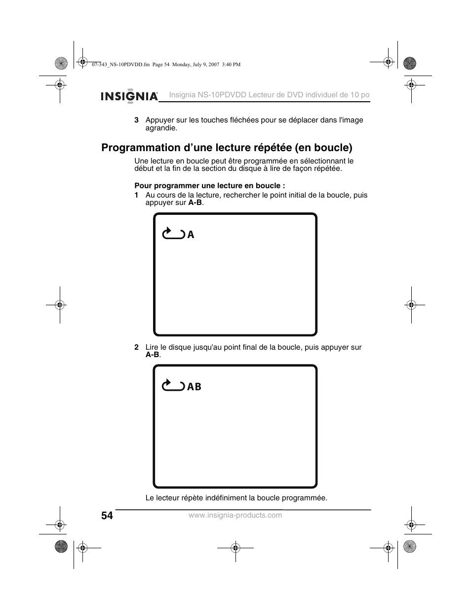 Programmation d’une lecture répétée (en boucle) | Insignia NS-10PDVDD User Manual | Page 56 / 108