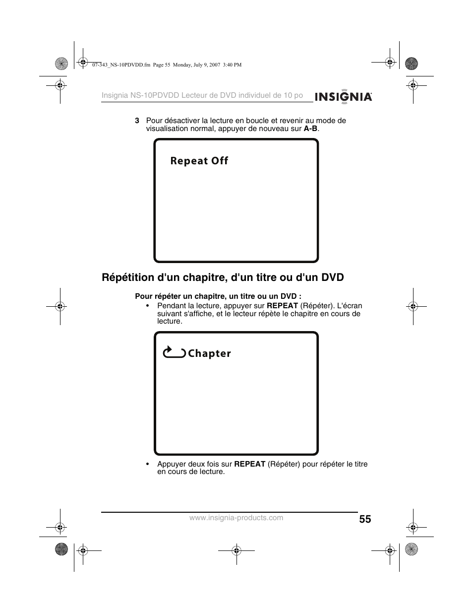 Repeat off chapter, Répétition d'un chapitre, d'un titre ou d'un dvd | Insignia NS-10PDVDD User Manual | Page 57 / 108