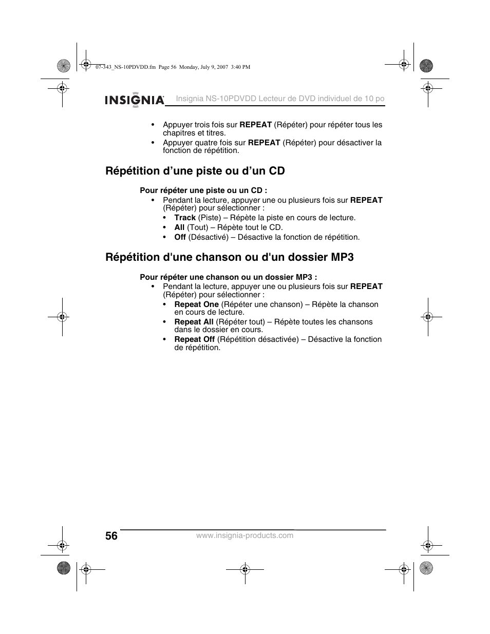 Répétition d’une piste ou d’un cd, Répétition d'une chanson ou d'un dossier mp3 | Insignia NS-10PDVDD User Manual | Page 58 / 108