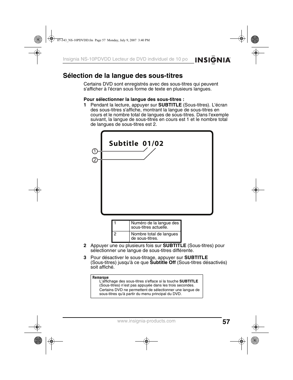 Subtitle 01/02, Sélection de la langue des sous-titres | Insignia NS-10PDVDD User Manual | Page 59 / 108