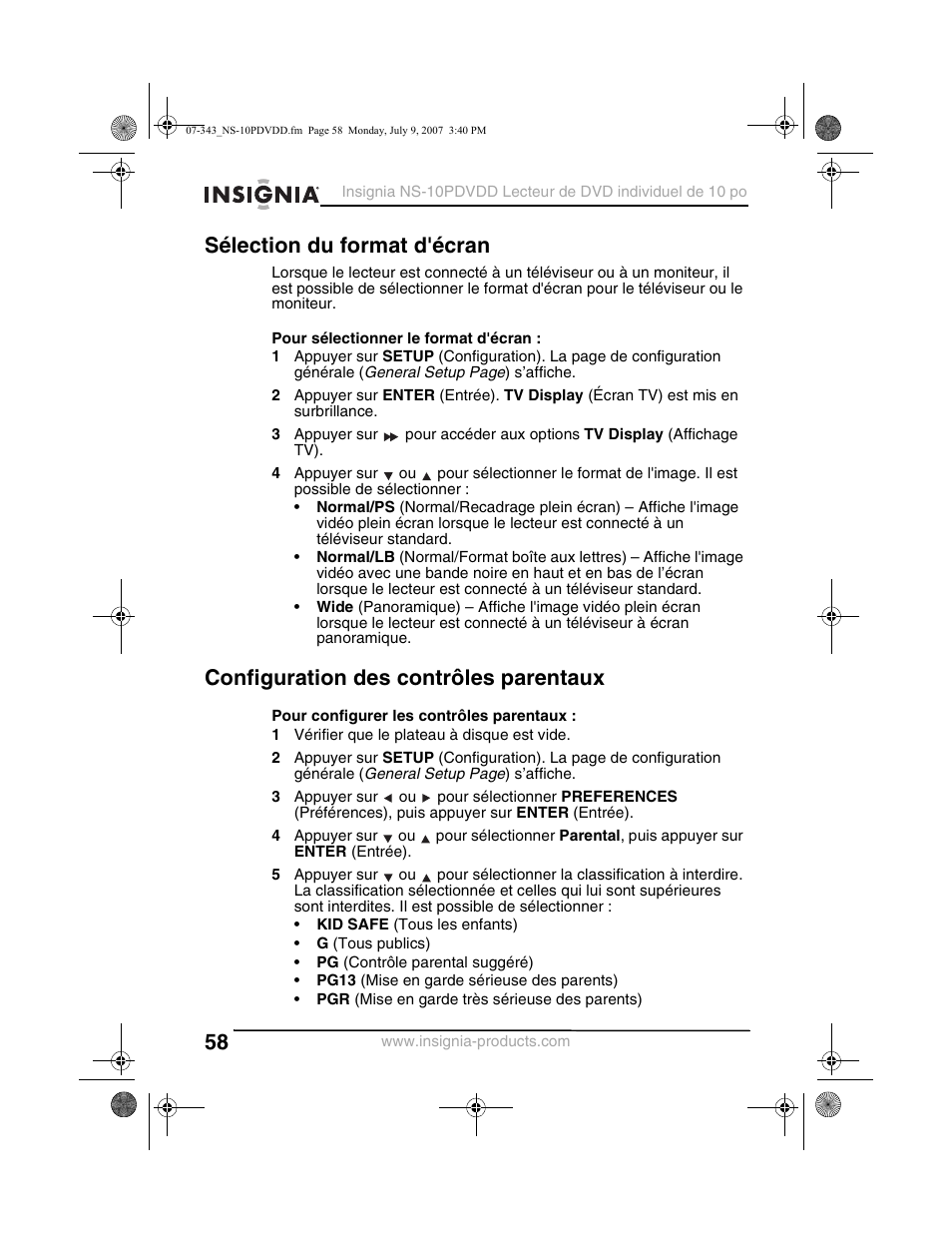 Sélection du format d'écran, Configuration des contrôles parentaux | Insignia NS-10PDVDD User Manual | Page 60 / 108