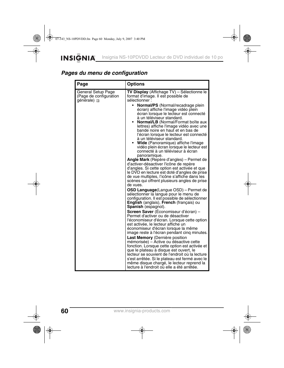 Pages du menu de configuration | Insignia NS-10PDVDD User Manual | Page 62 / 108