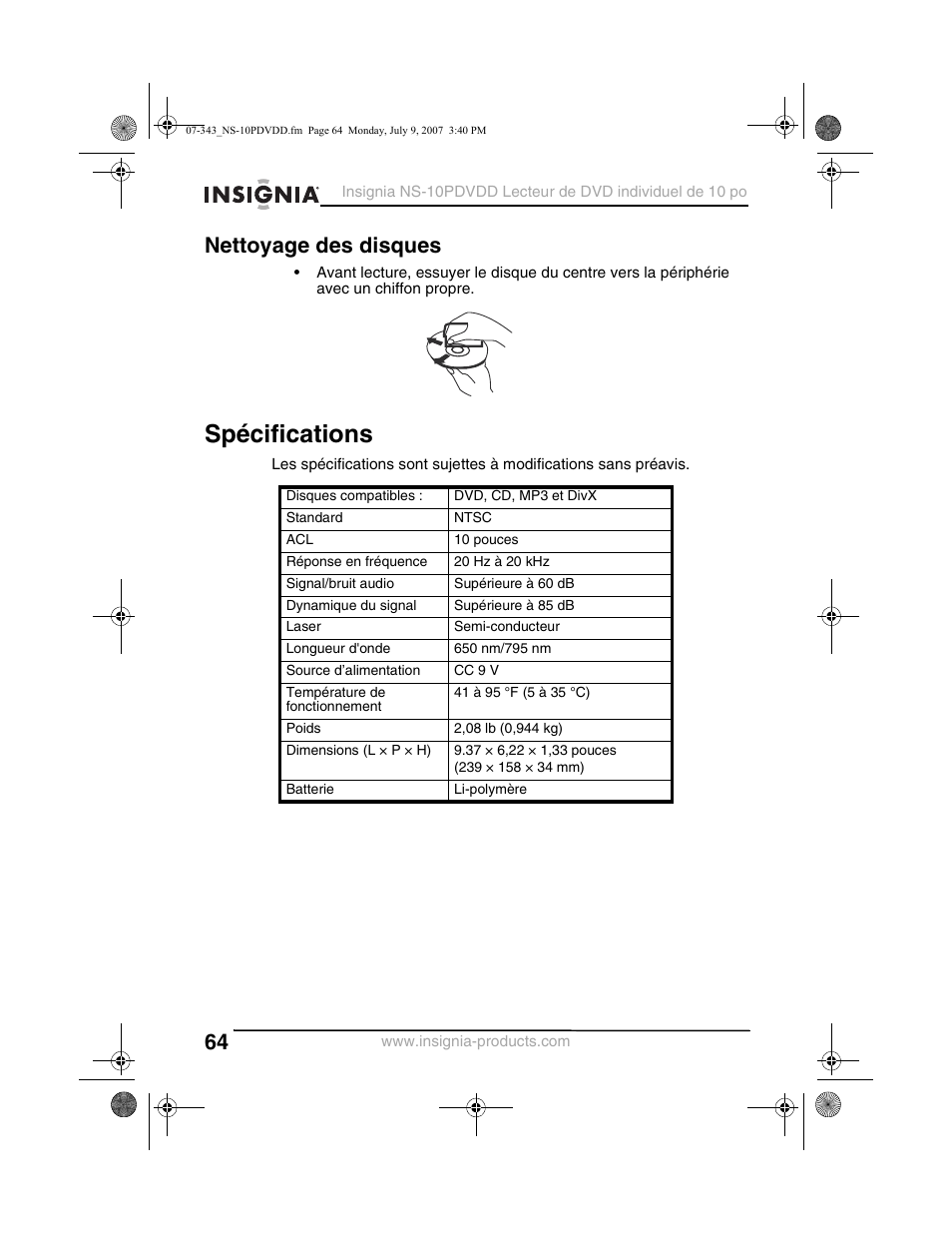 Spécifications, Nettoyage des disques | Insignia NS-10PDVDD User Manual | Page 66 / 108