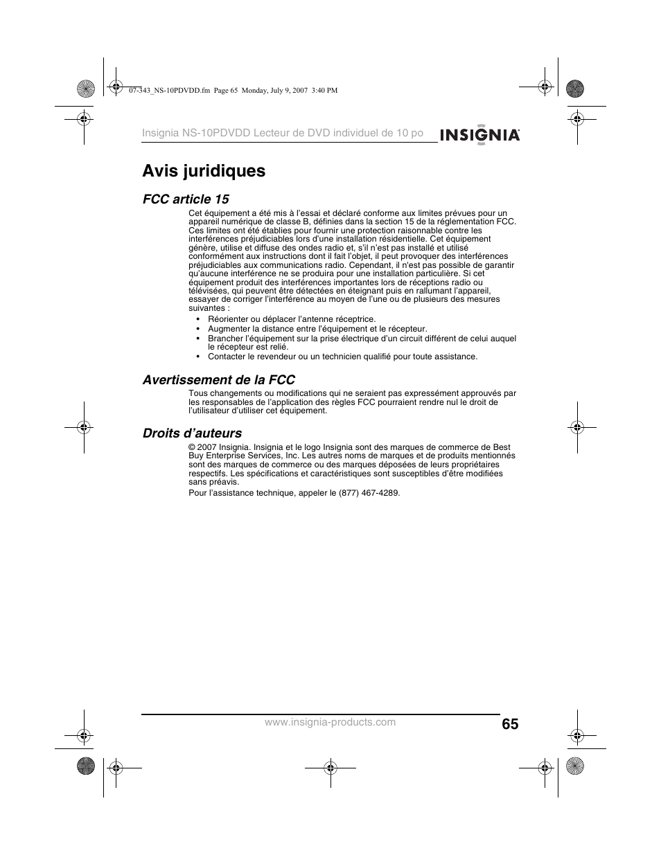 Avis juridiques, Fcc article 15, Avertissement de la fcc | Droits d’auteurs | Insignia NS-10PDVDD User Manual | Page 67 / 108