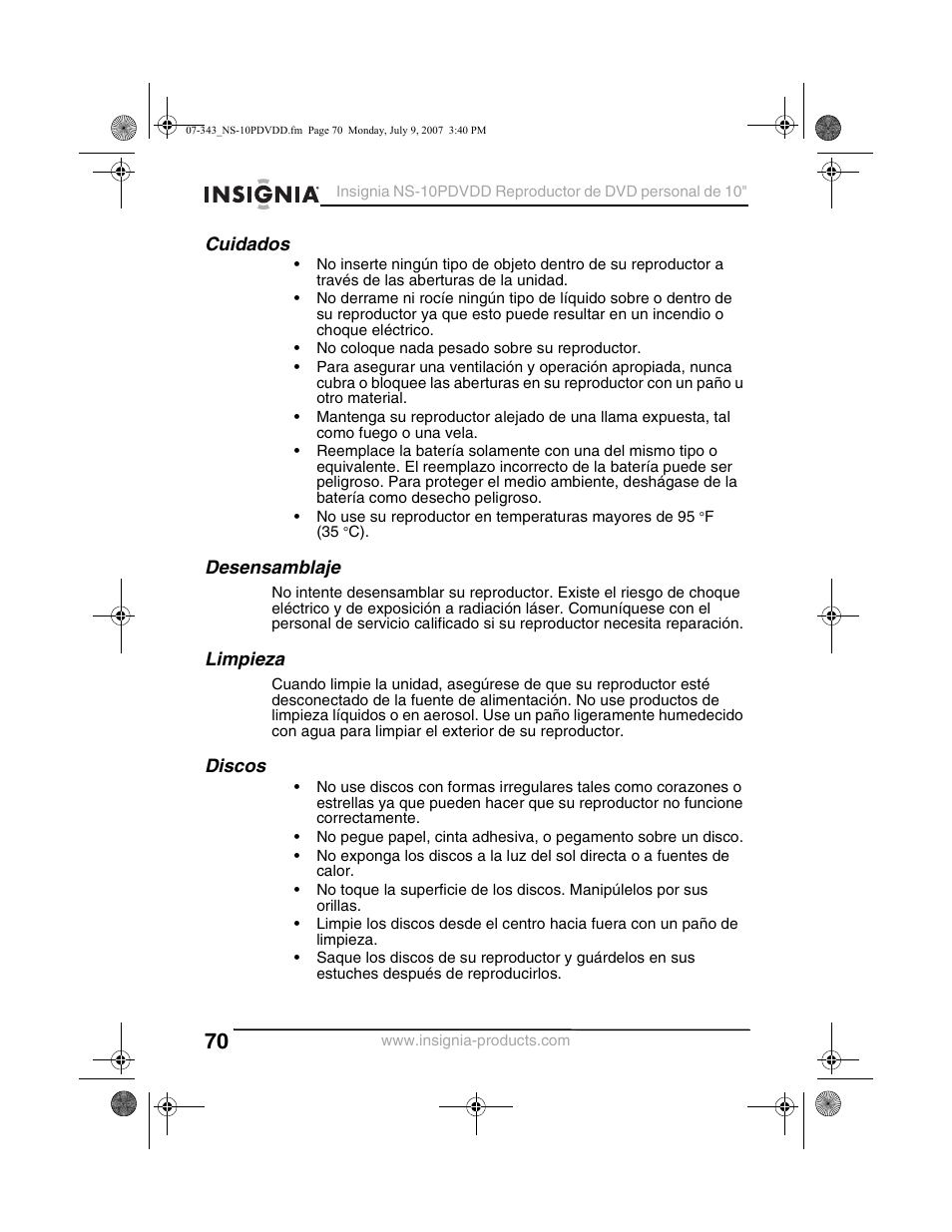 Cuidados, Desensamblaje, Limpieza | Discos | Insignia NS-10PDVDD User Manual | Page 72 / 108