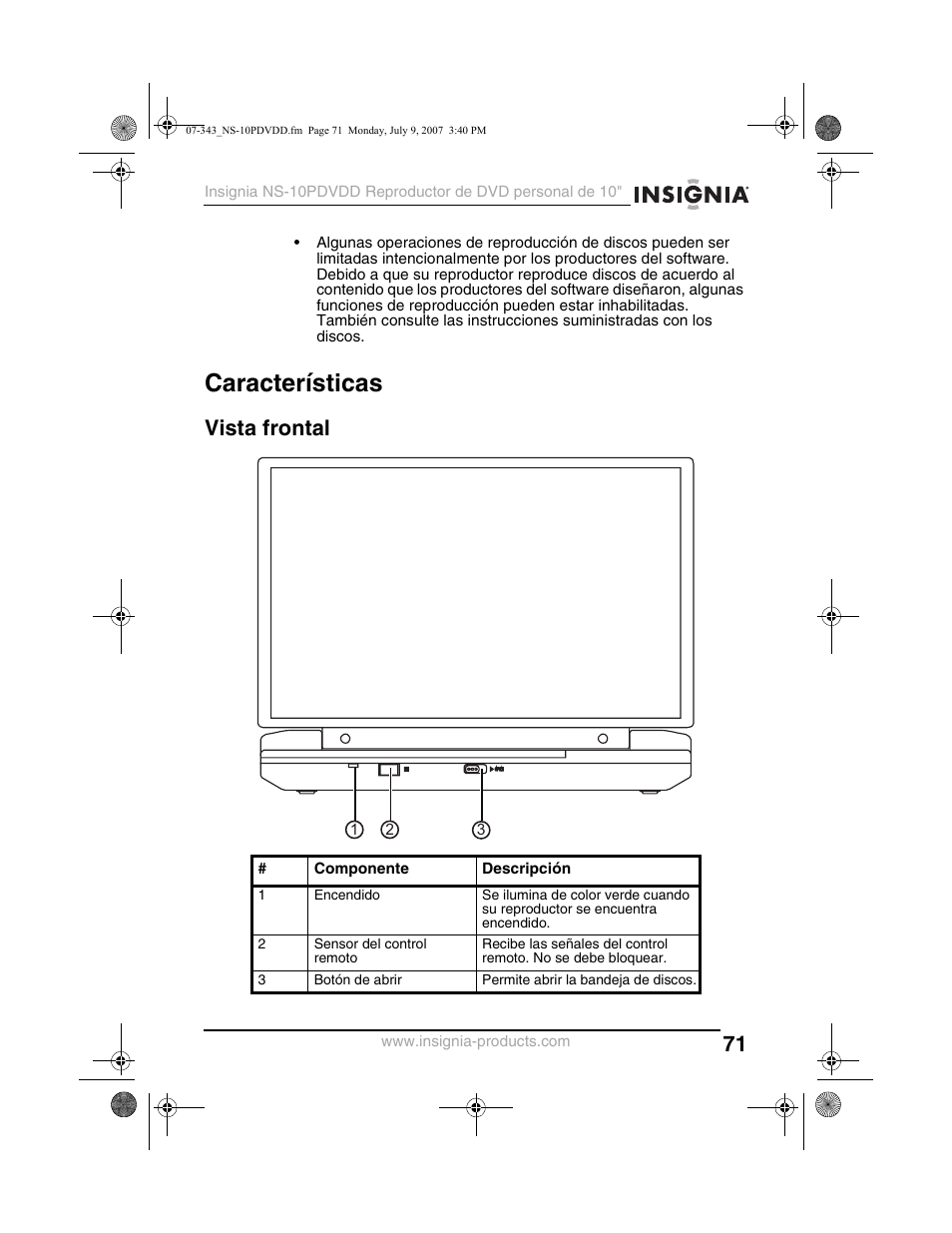 Características, Vista frontal | Insignia NS-10PDVDD User Manual | Page 73 / 108