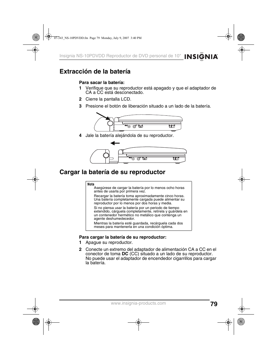 Extracción de la batería, Cargar la batería de su reproductor | Insignia NS-10PDVDD User Manual | Page 81 / 108
