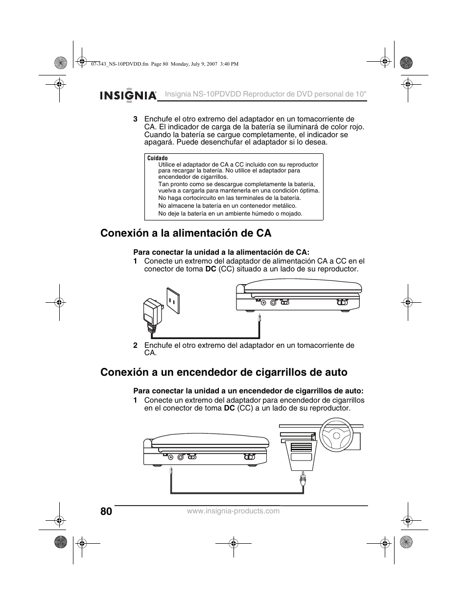 Conexión a la alimentación de ca, Conexión a un encendedor de cigarrillos de auto | Insignia NS-10PDVDD User Manual | Page 82 / 108