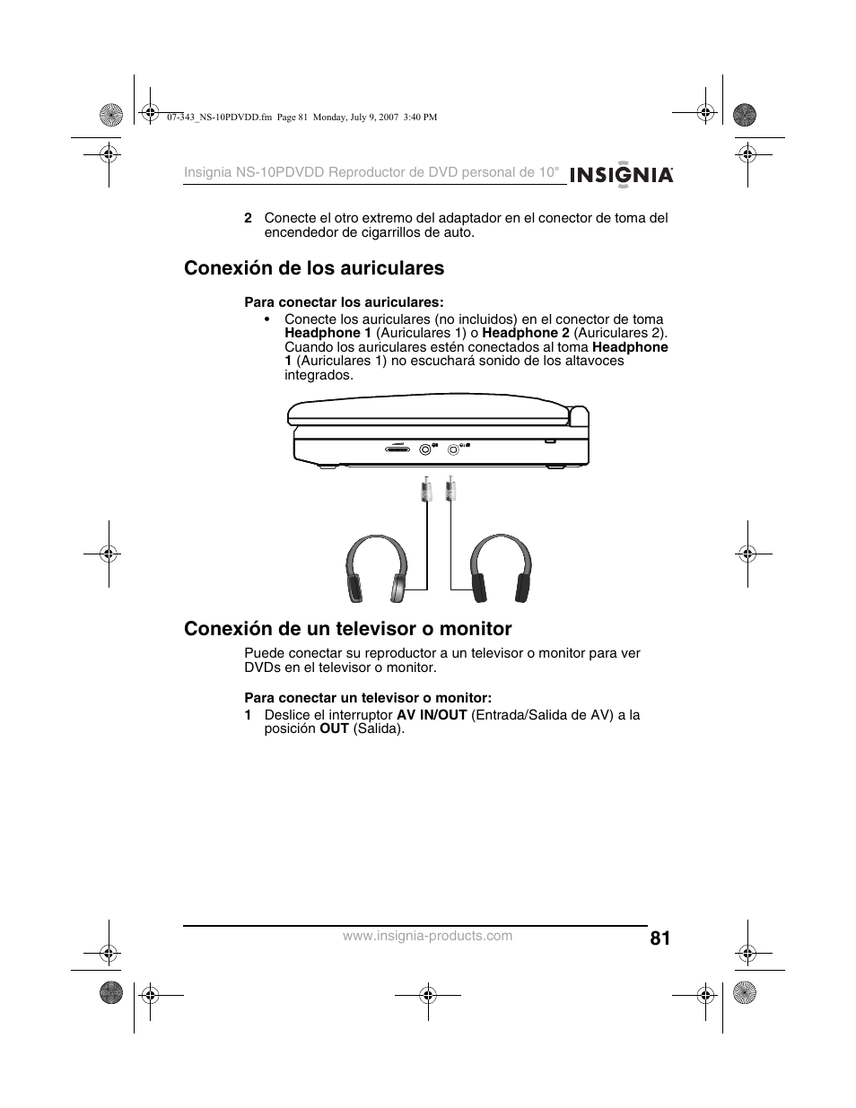 Conexión de los auriculares, Conexión de un televisor o monitor | Insignia NS-10PDVDD User Manual | Page 83 / 108