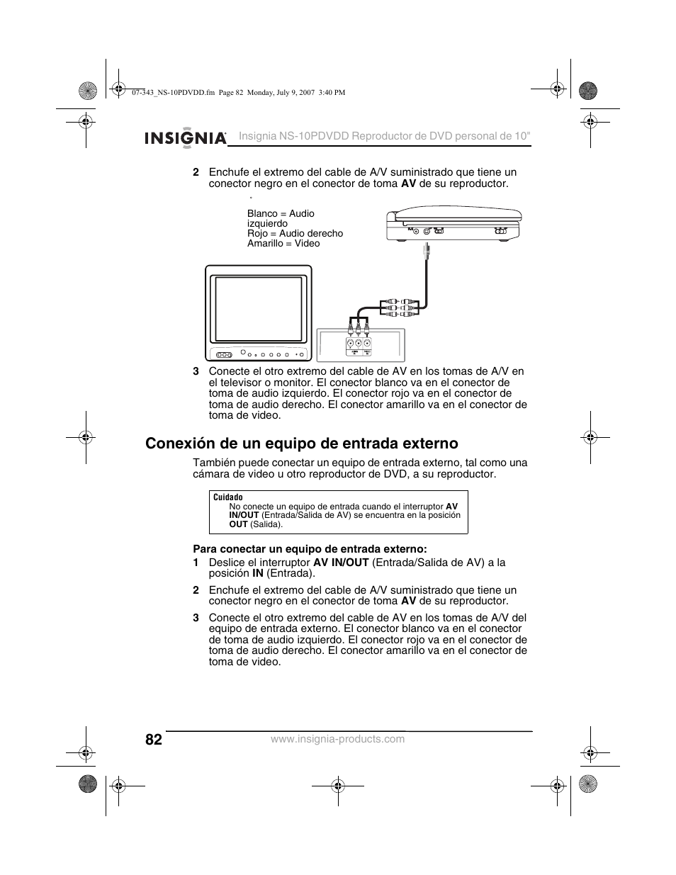 Conexión de un equipo de entrada externo | Insignia NS-10PDVDD User Manual | Page 84 / 108