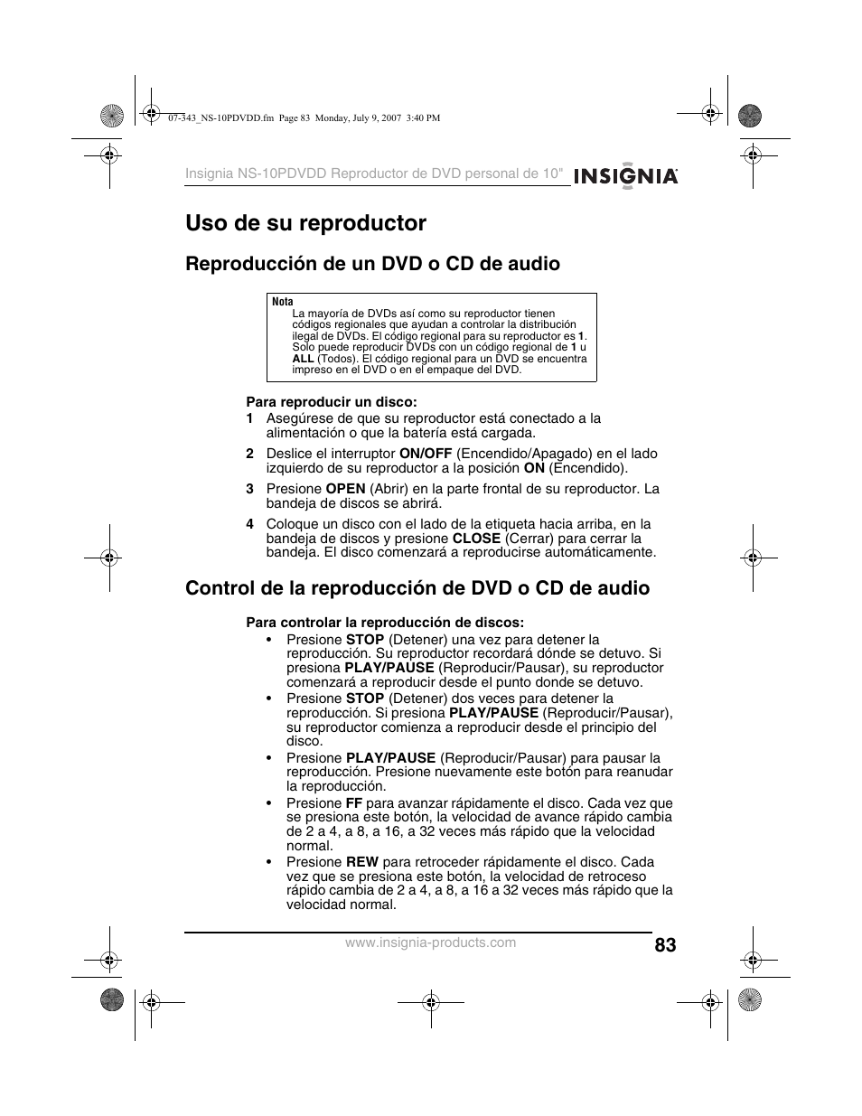 Uso de su reproductor, Reproducción de un dvd o cd de audio, Control de la reproducción de dvd o cd de audio | Insignia NS-10PDVDD User Manual | Page 85 / 108