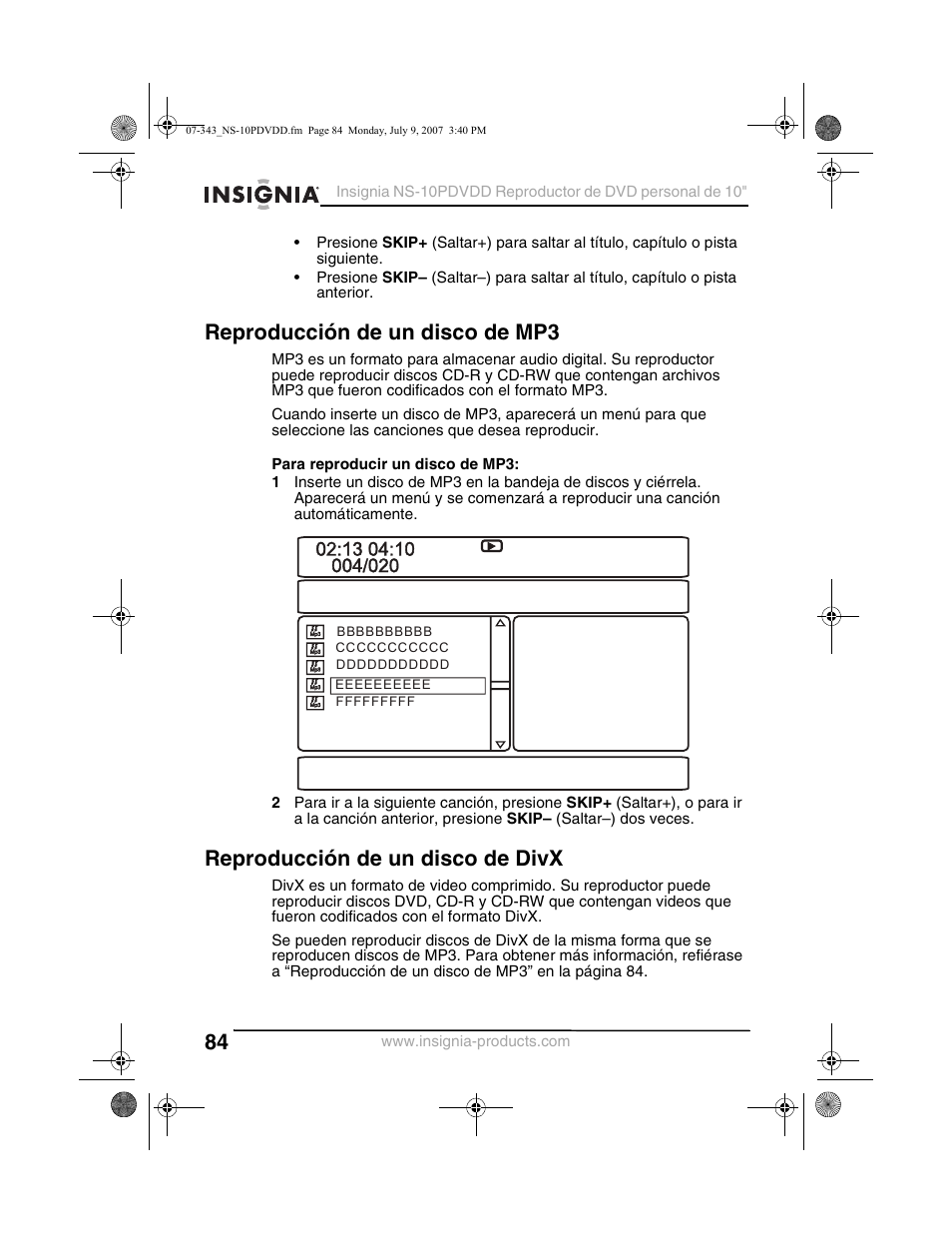 Reproducción de un disco de mp3, Reproducción de un disco de divx | Insignia NS-10PDVDD User Manual | Page 86 / 108
