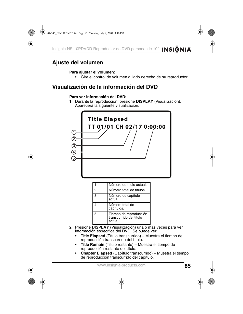 Ajuste del volumen, Visualización de la información del dvd | Insignia NS-10PDVDD User Manual | Page 87 / 108