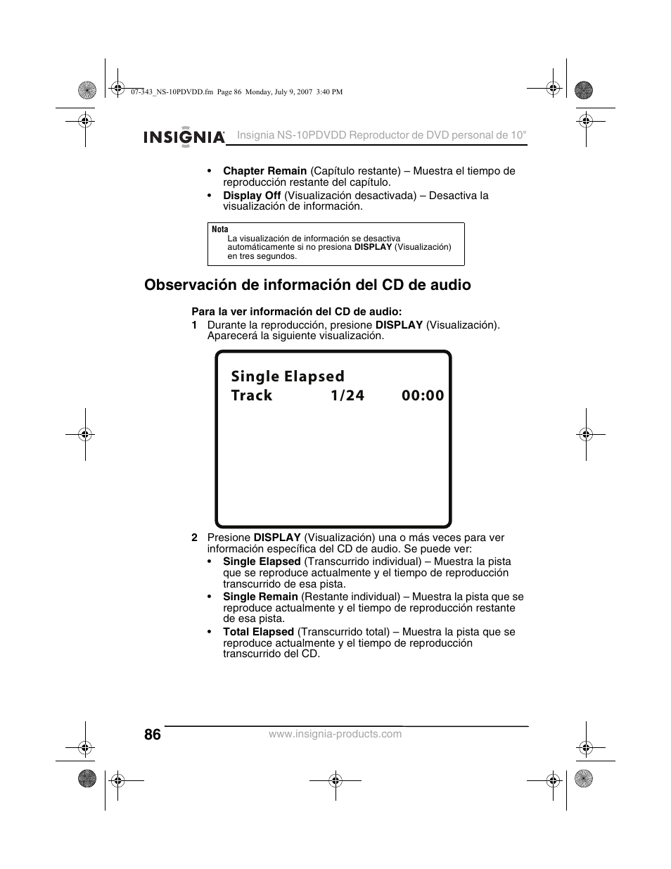 Observación de información del cd de audio | Insignia NS-10PDVDD User Manual | Page 88 / 108